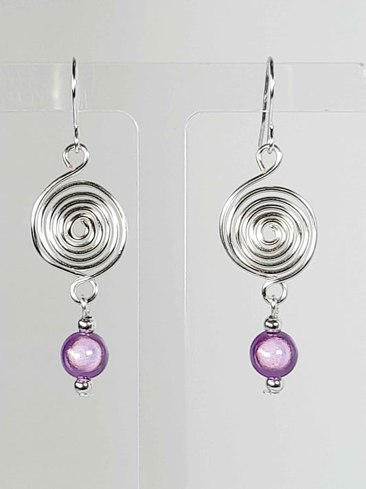 Handmade Silver & Lilac Spiral Earrings