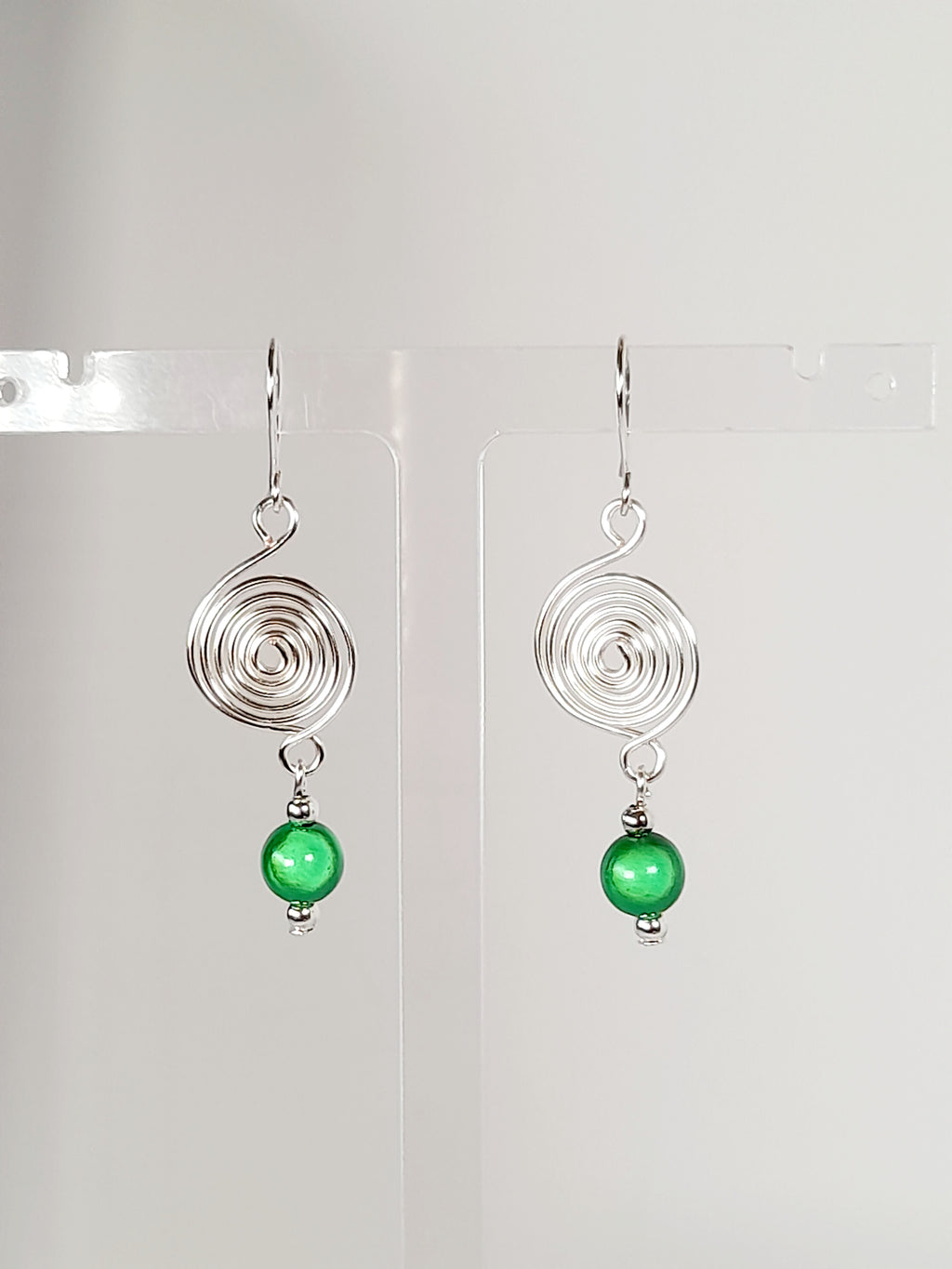 Handmade Silver & Green Spiral Earrings