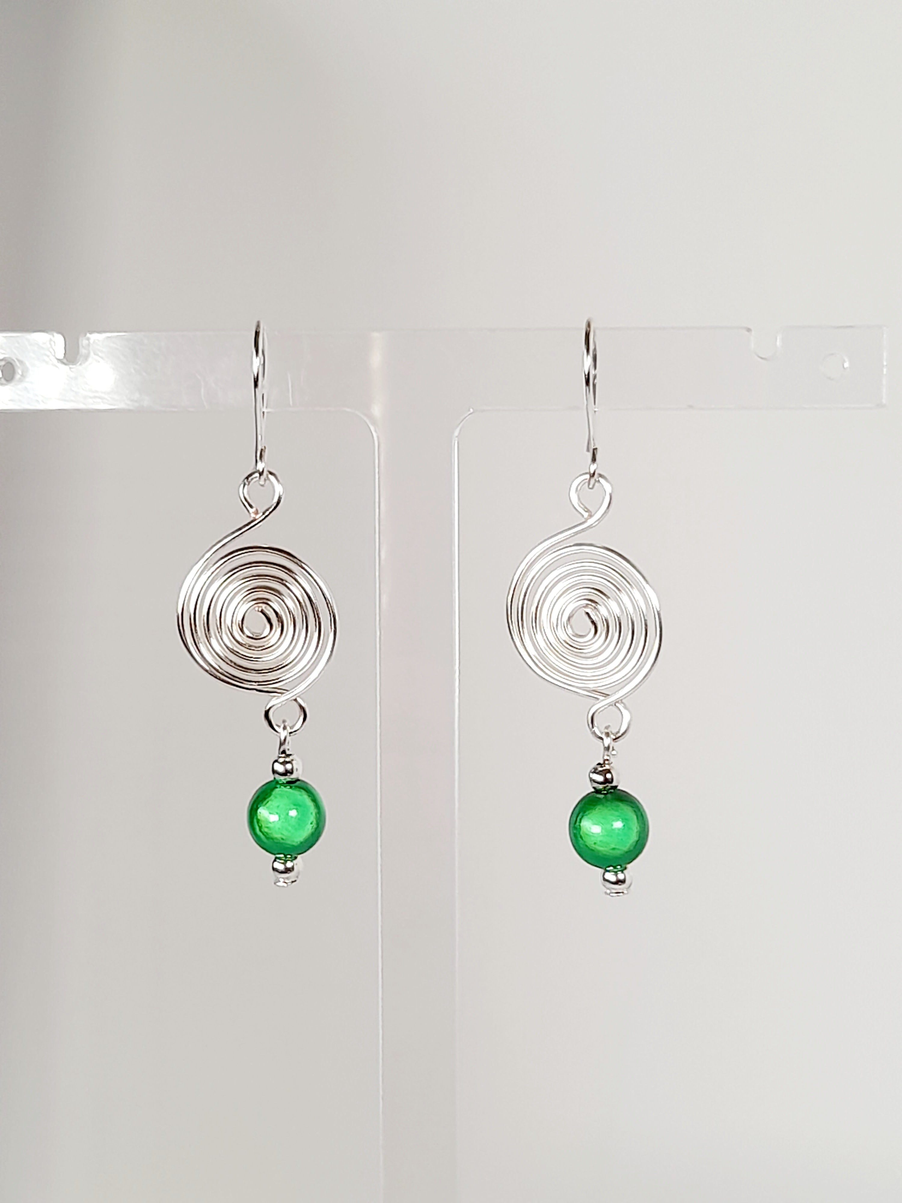 Handmade Silver & Green Spiral Earrings