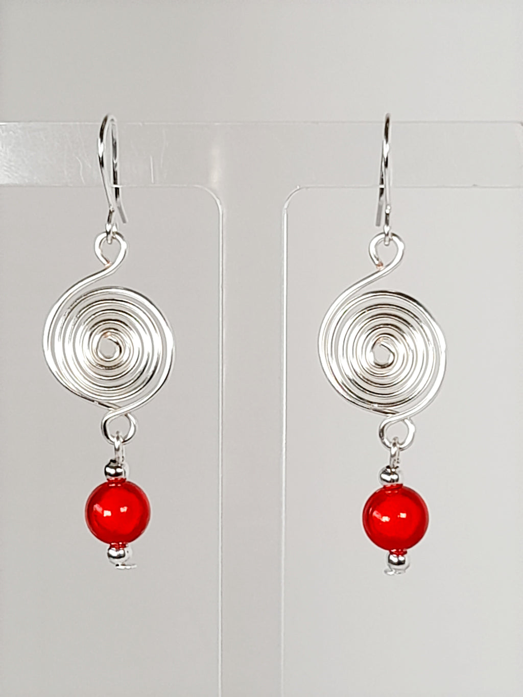 Handmade Silver & Red Spiral Earrings