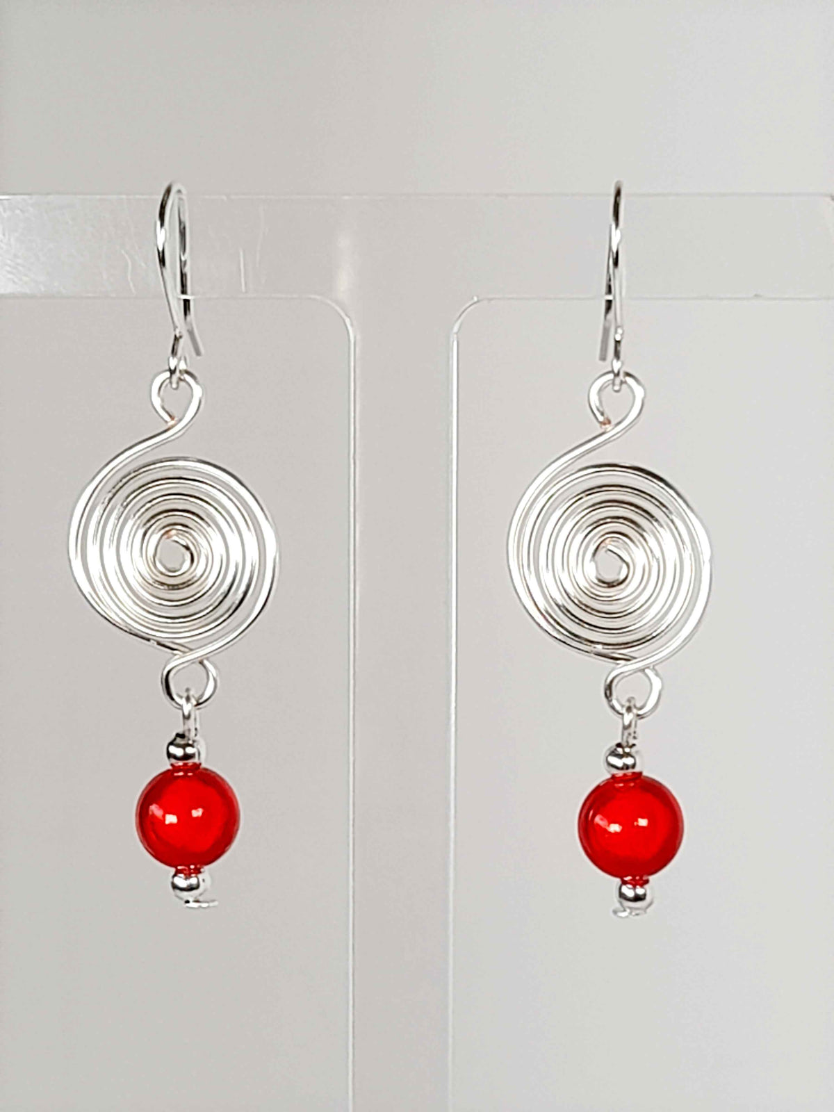 Handmade Silver & Red Spiral Earrings
