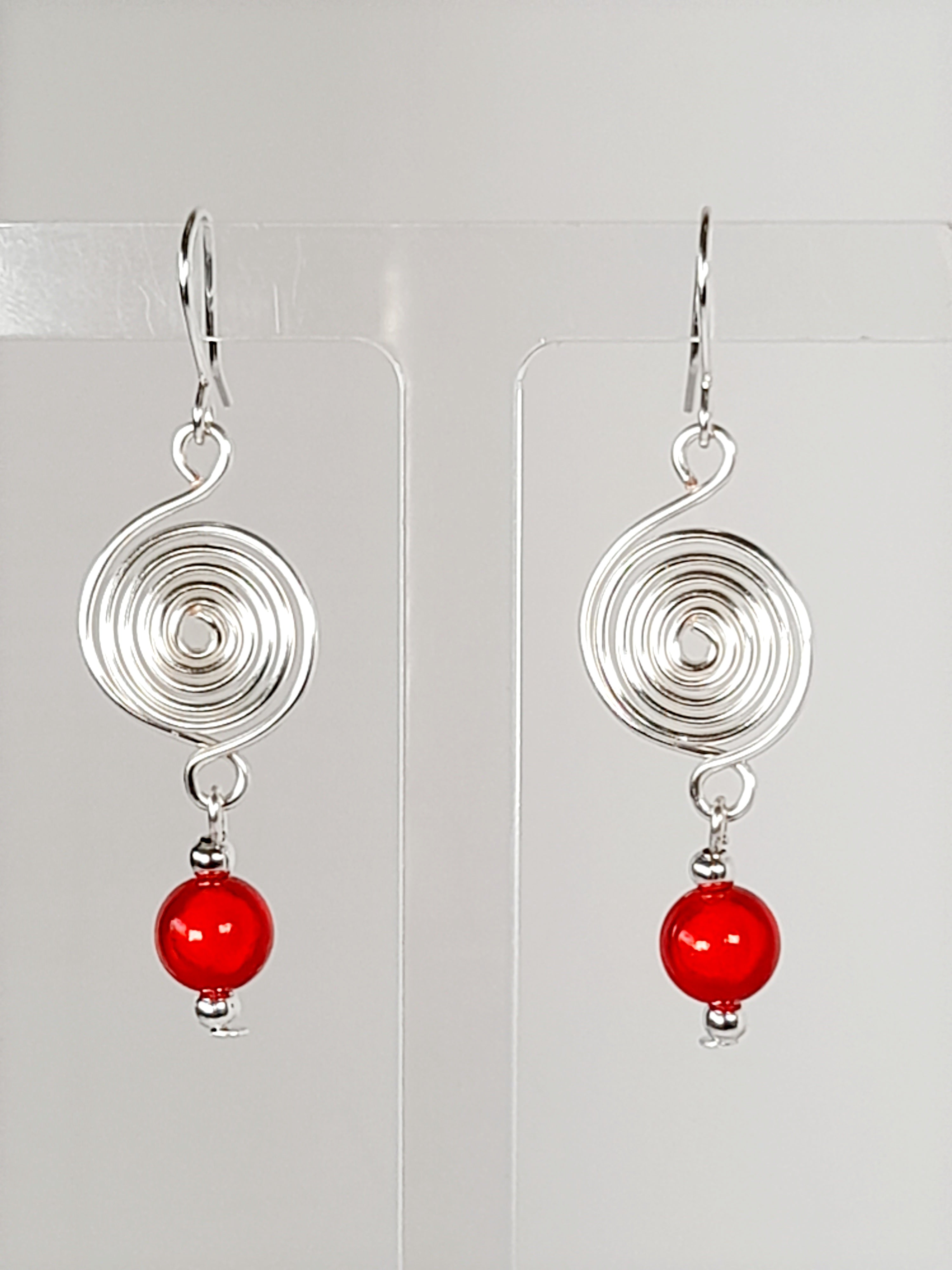Handmade Silver & Red Spiral Earrings