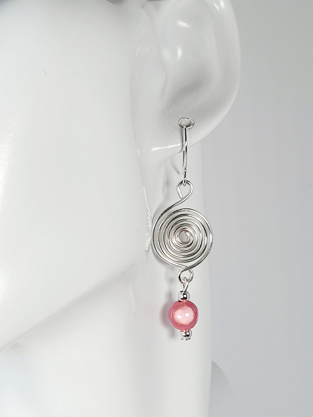 Handmade Silver & Pale Pink Spiral Earrings