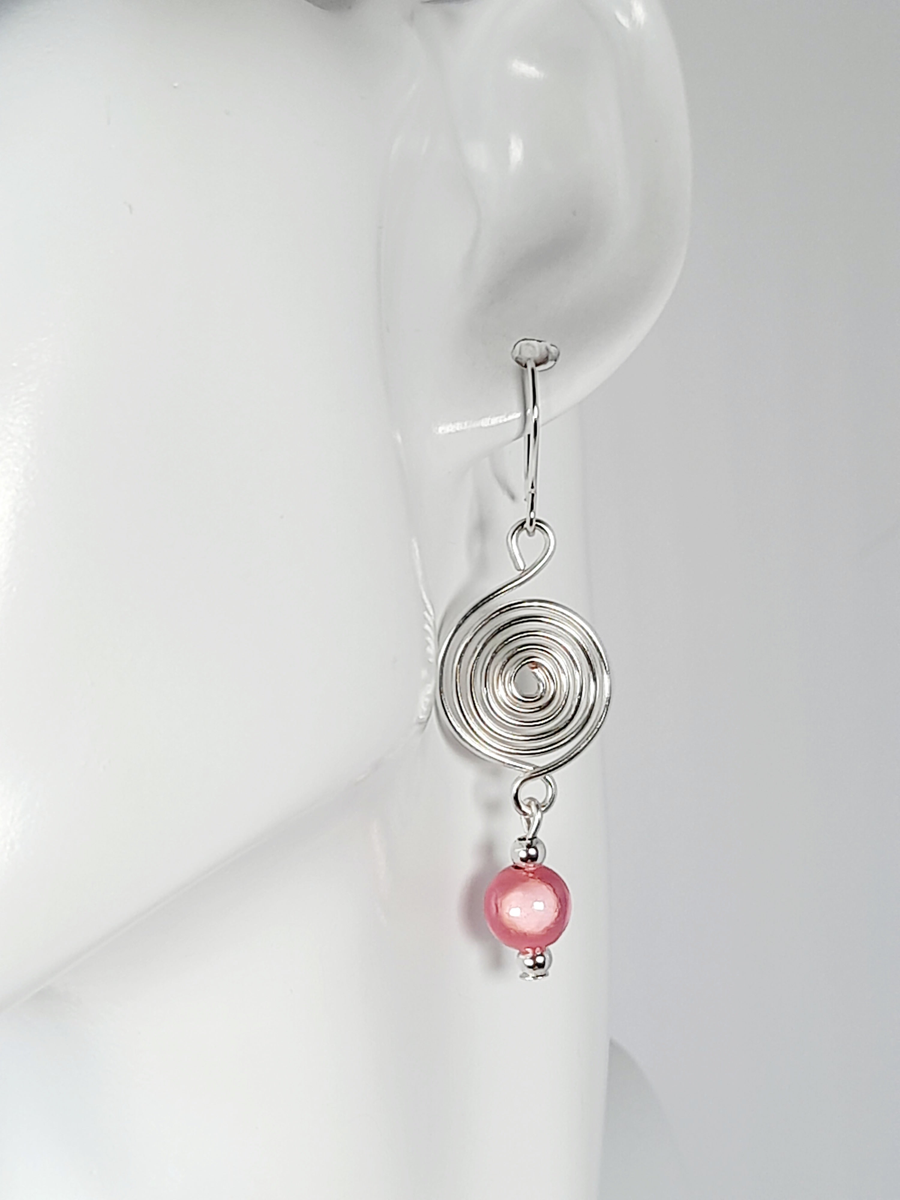 Handmade Silver & Pale Pink Spiral Earrings