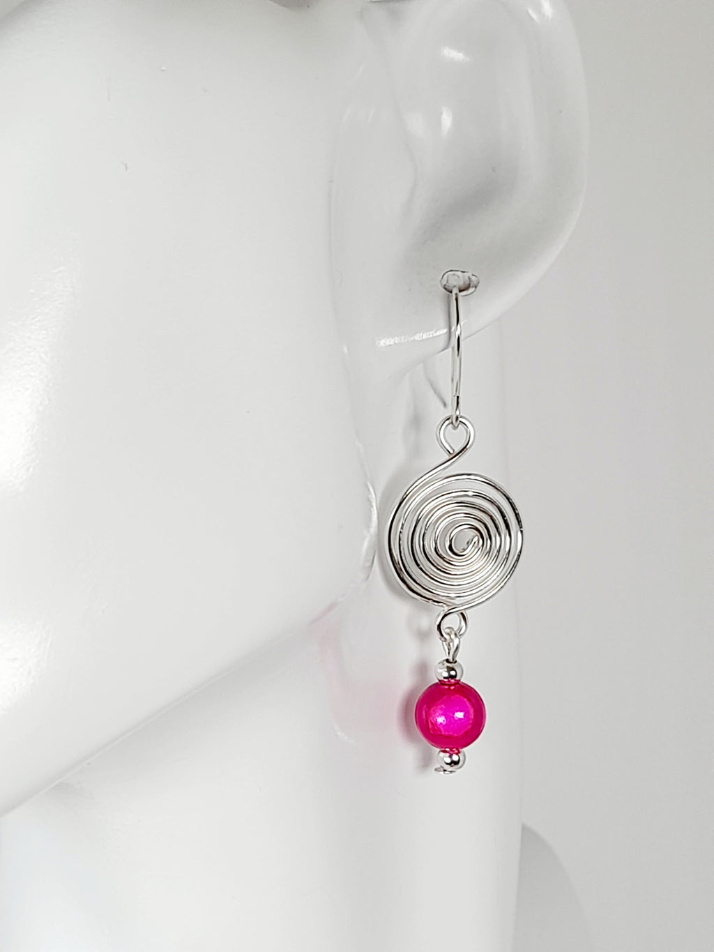 Handmade Silver & Hot Pink Spiral Earrings
