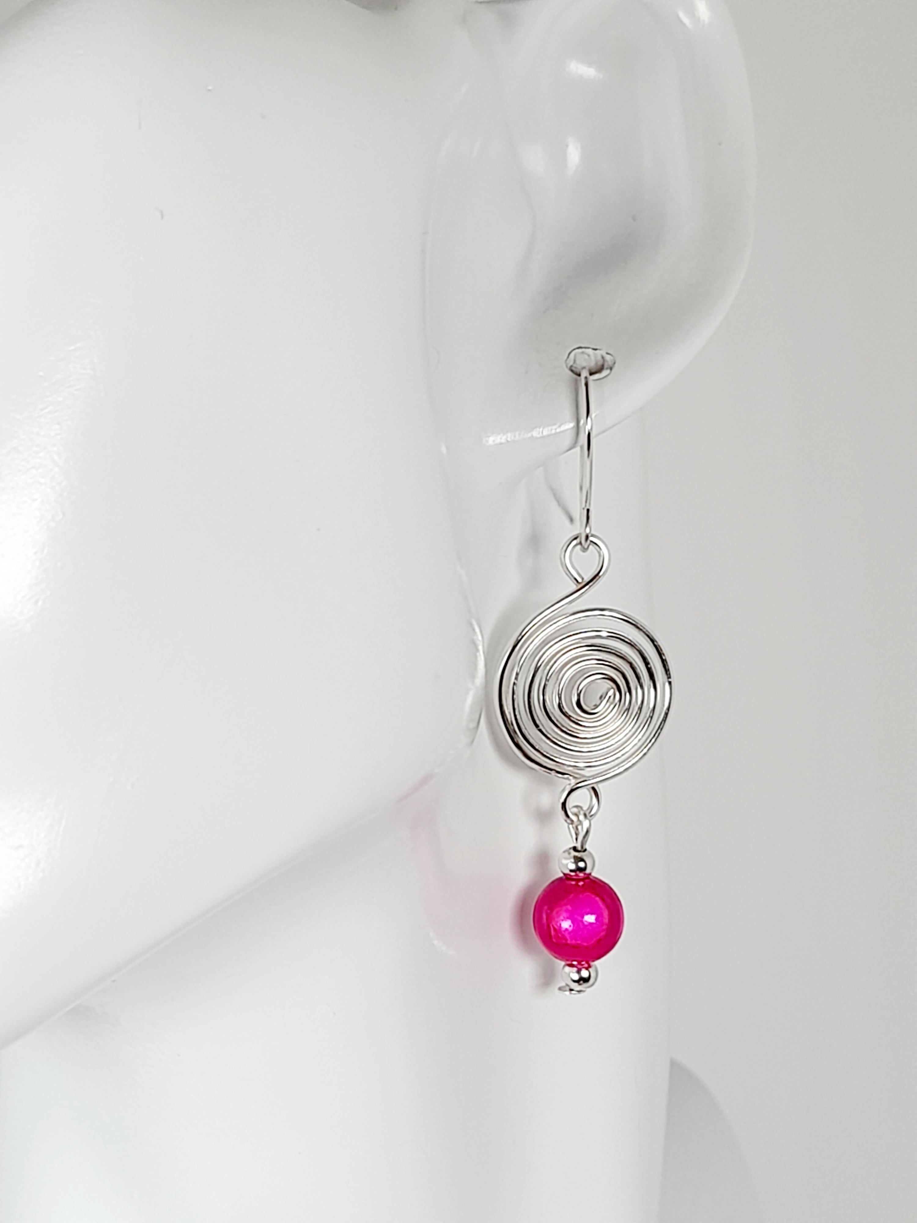 Handmade Silver & Hot Pink Spiral Earrings