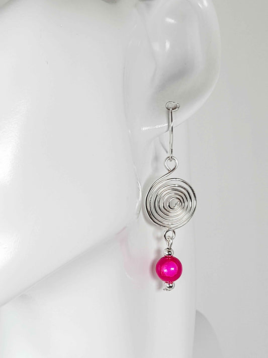 Handmade Silver & Hot Pink Spiral Earrings