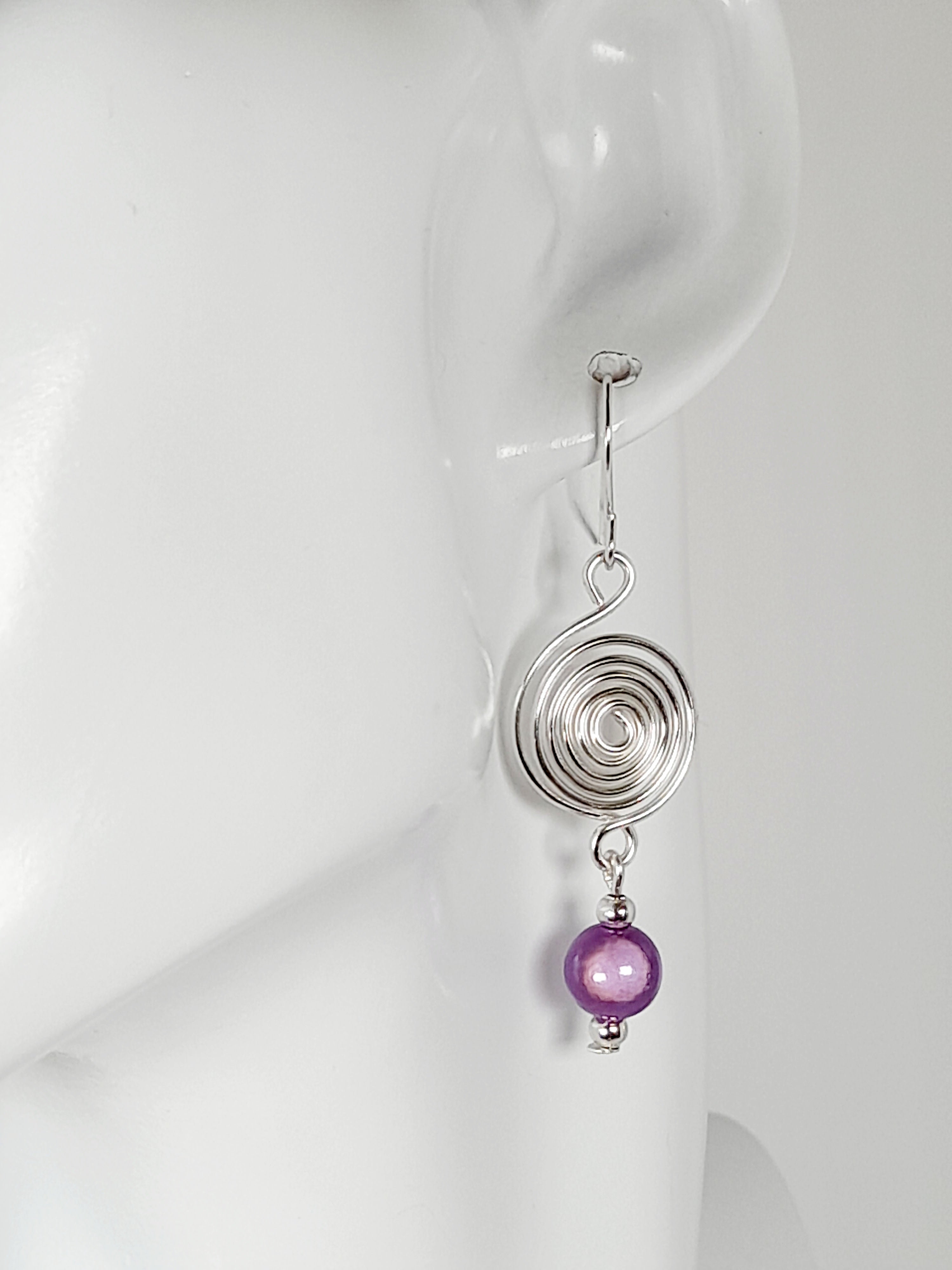 Handmade Silver & Lilac Spiral Earrings