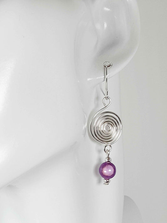 Handmade Silver & Lilac Spiral Earrings