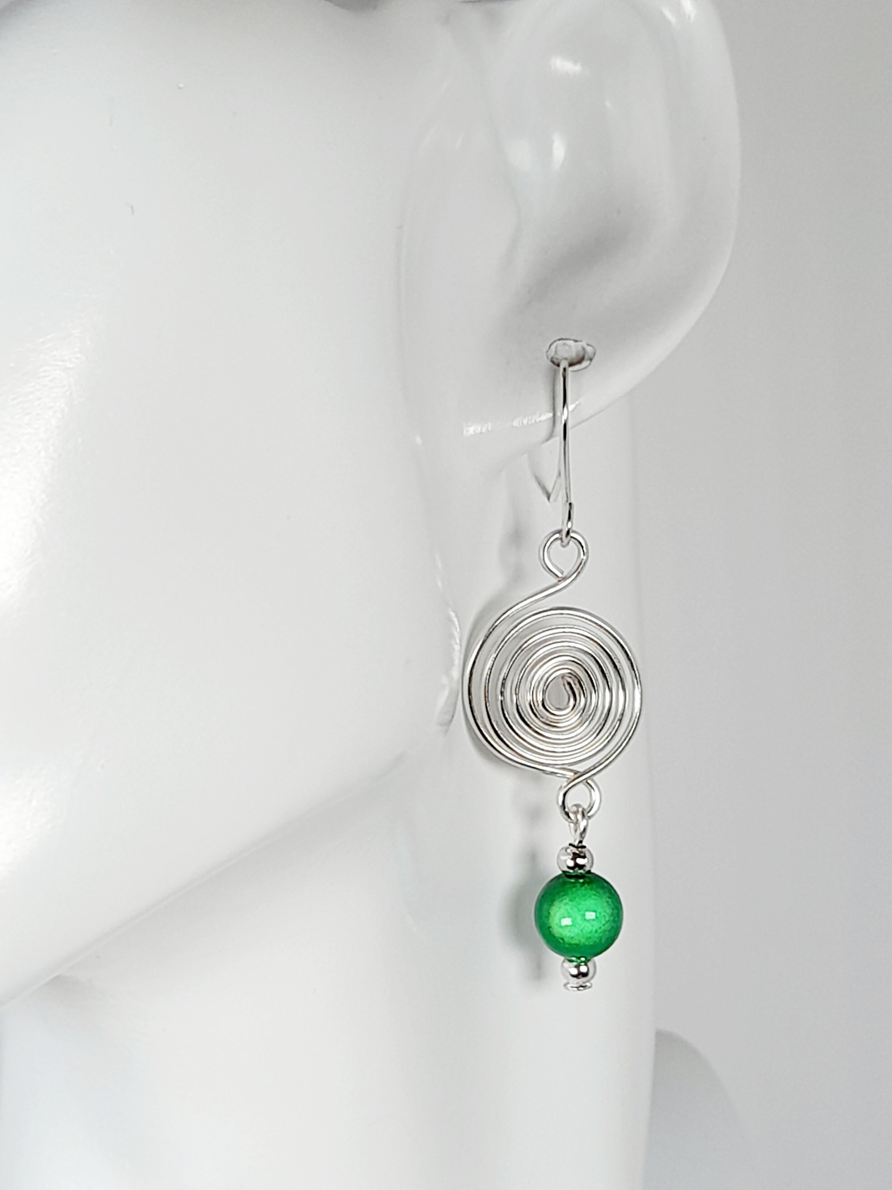 Handmade Silver & Green Spiral Earrings