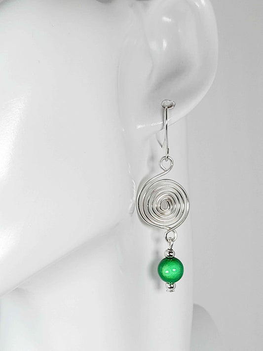 Handmade Silver & Green Spiral Earrings