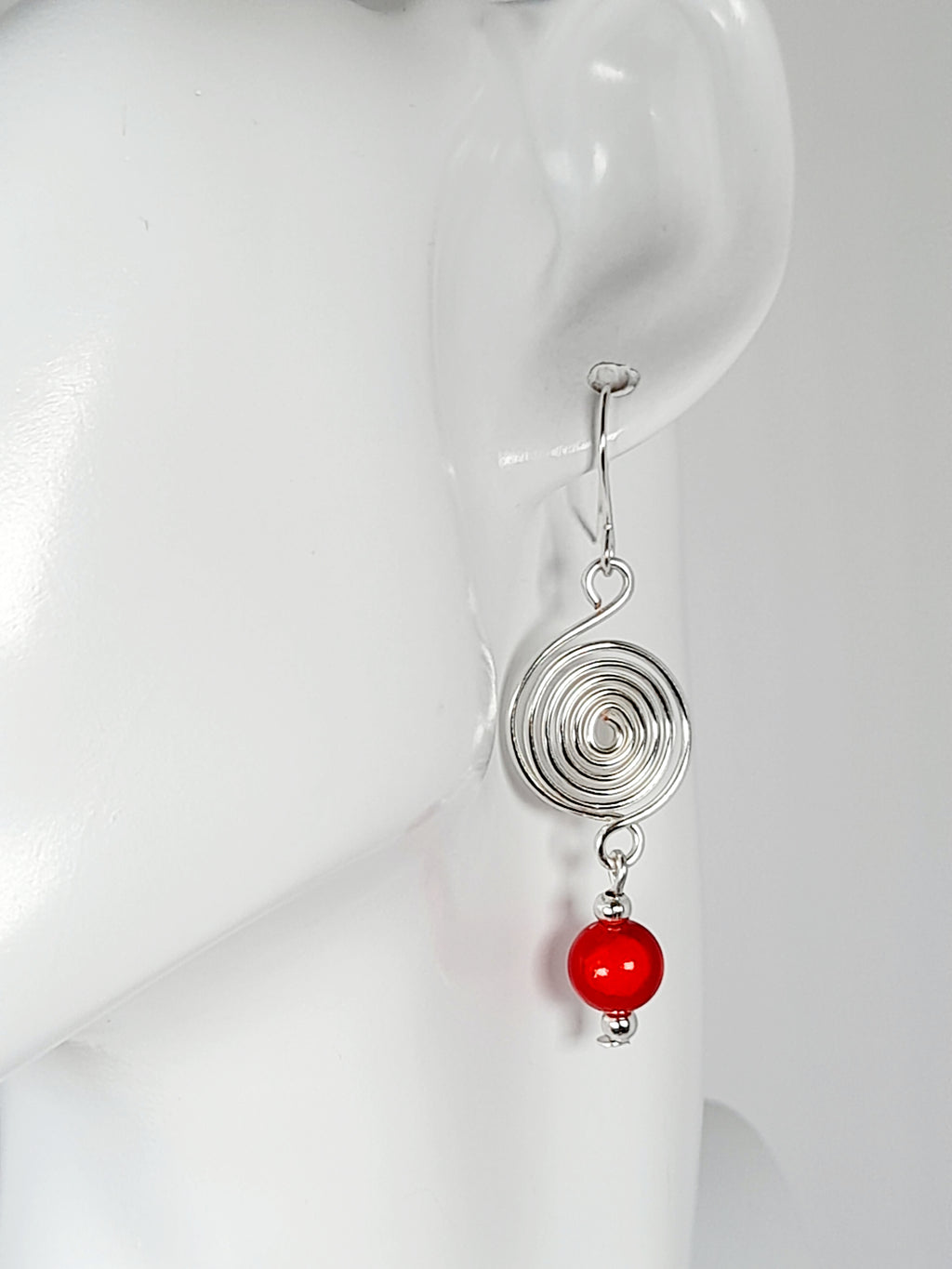 Handmade Silver & Red Spiral Earrings