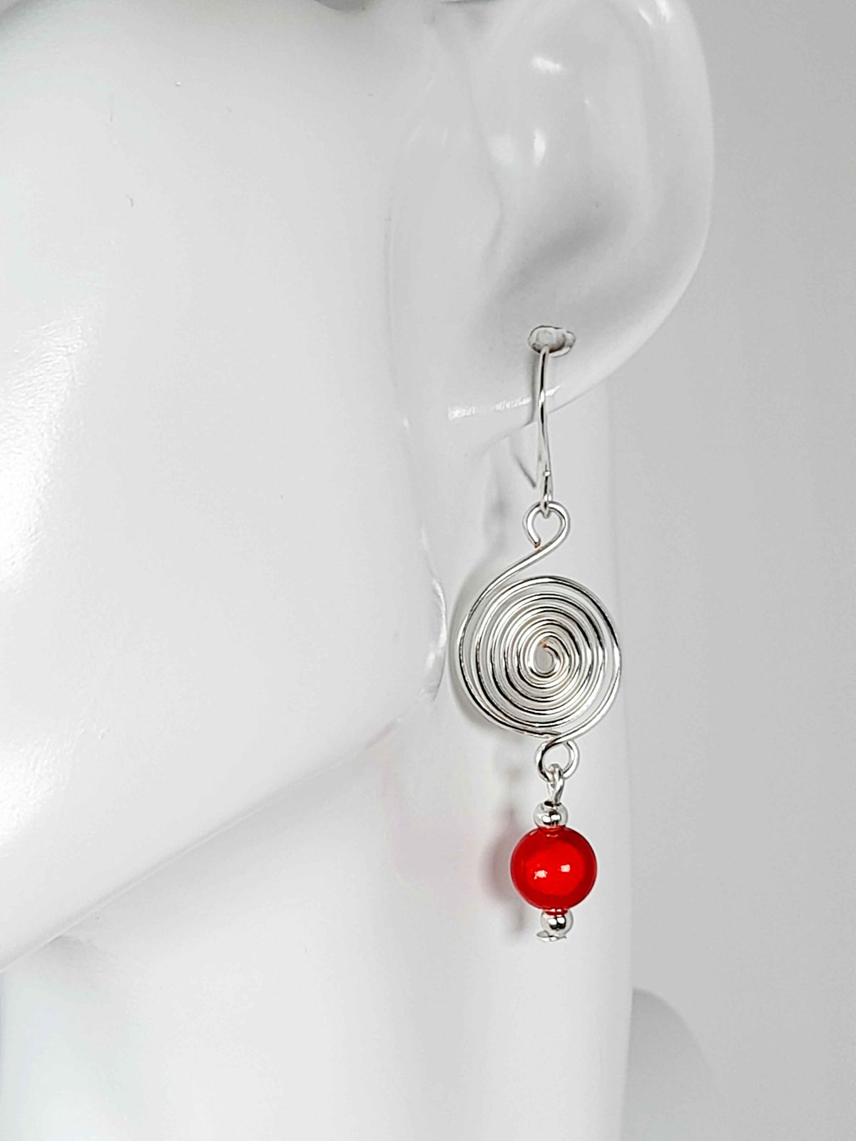 Handmade Silver & Red Spiral Earrings