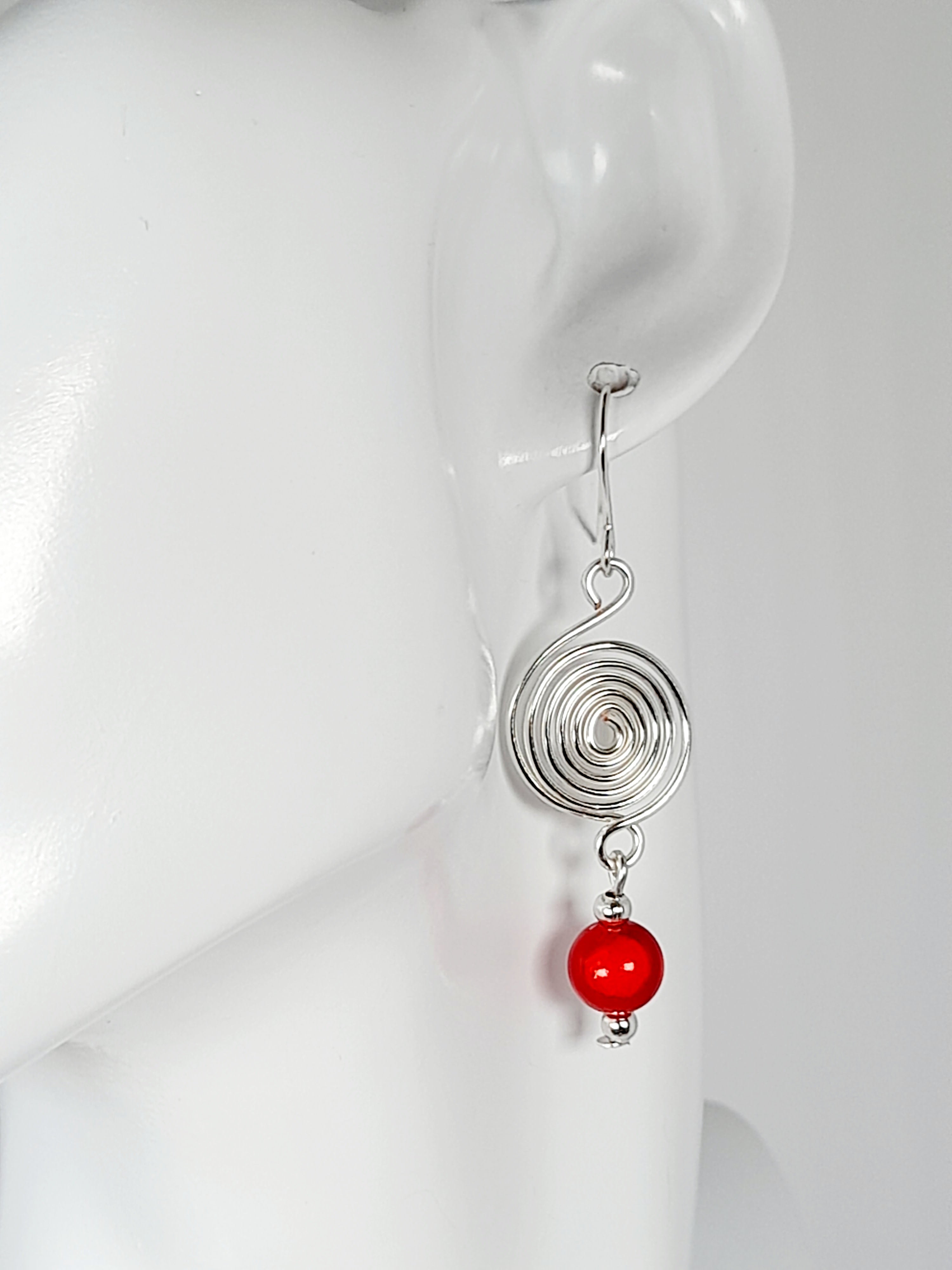 Handmade Silver & Red Spiral Earrings