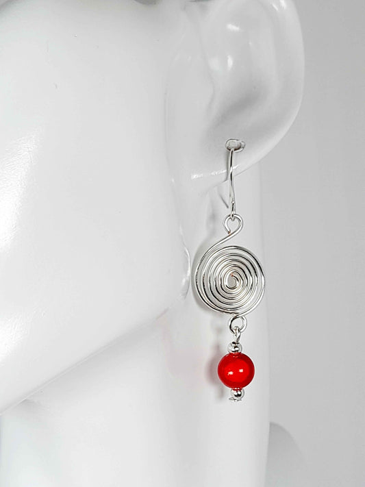 Handmade Silver & Red Spiral Earrings