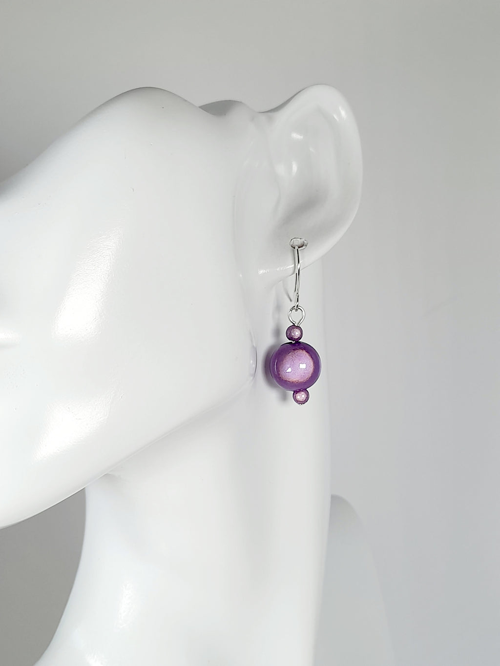 Handmade Silver Dangle Earrings with Lilac Luminescent Beads