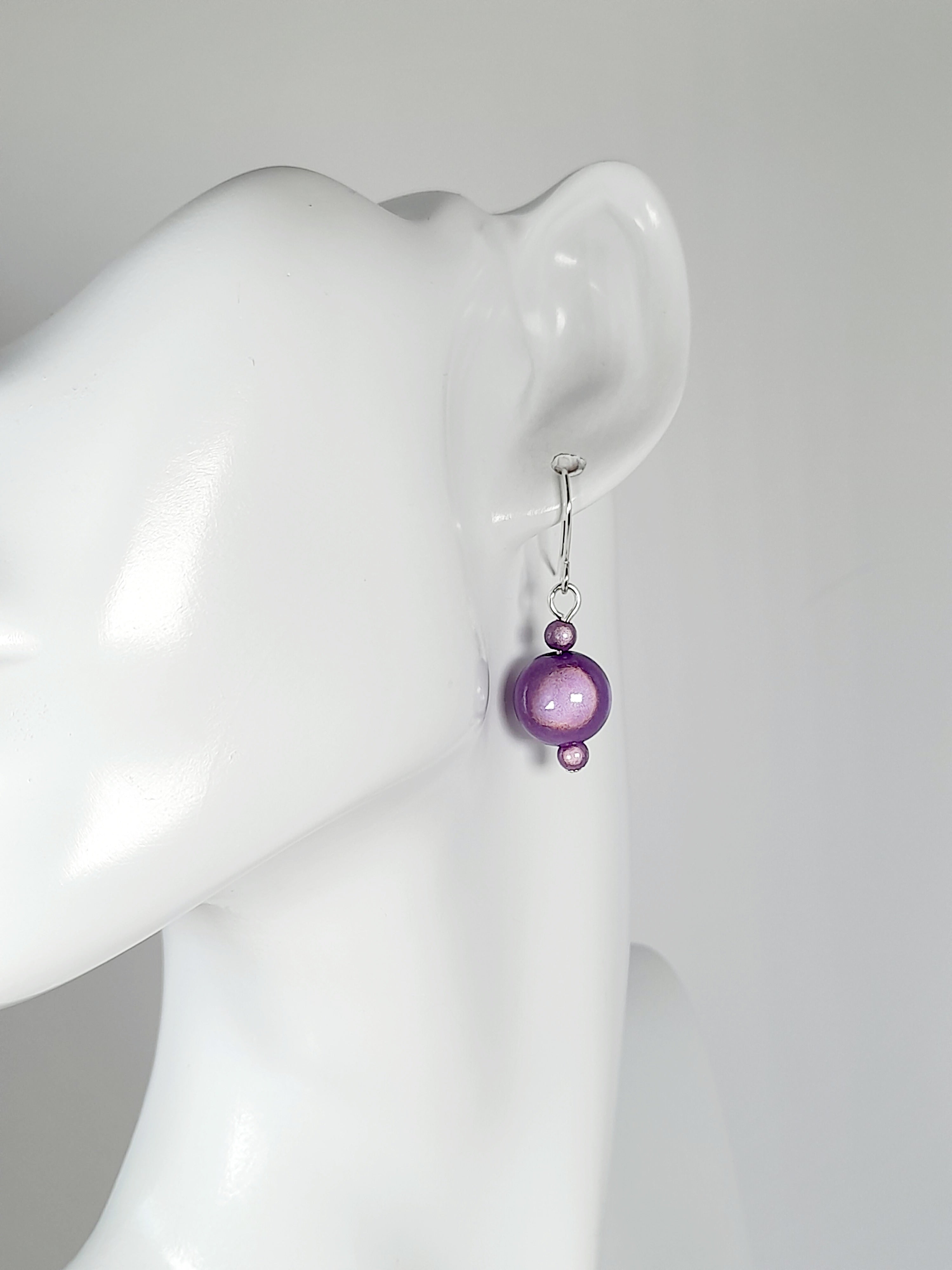 Handmade Silver Dangle Earrings with Lilac Luminescent Beads