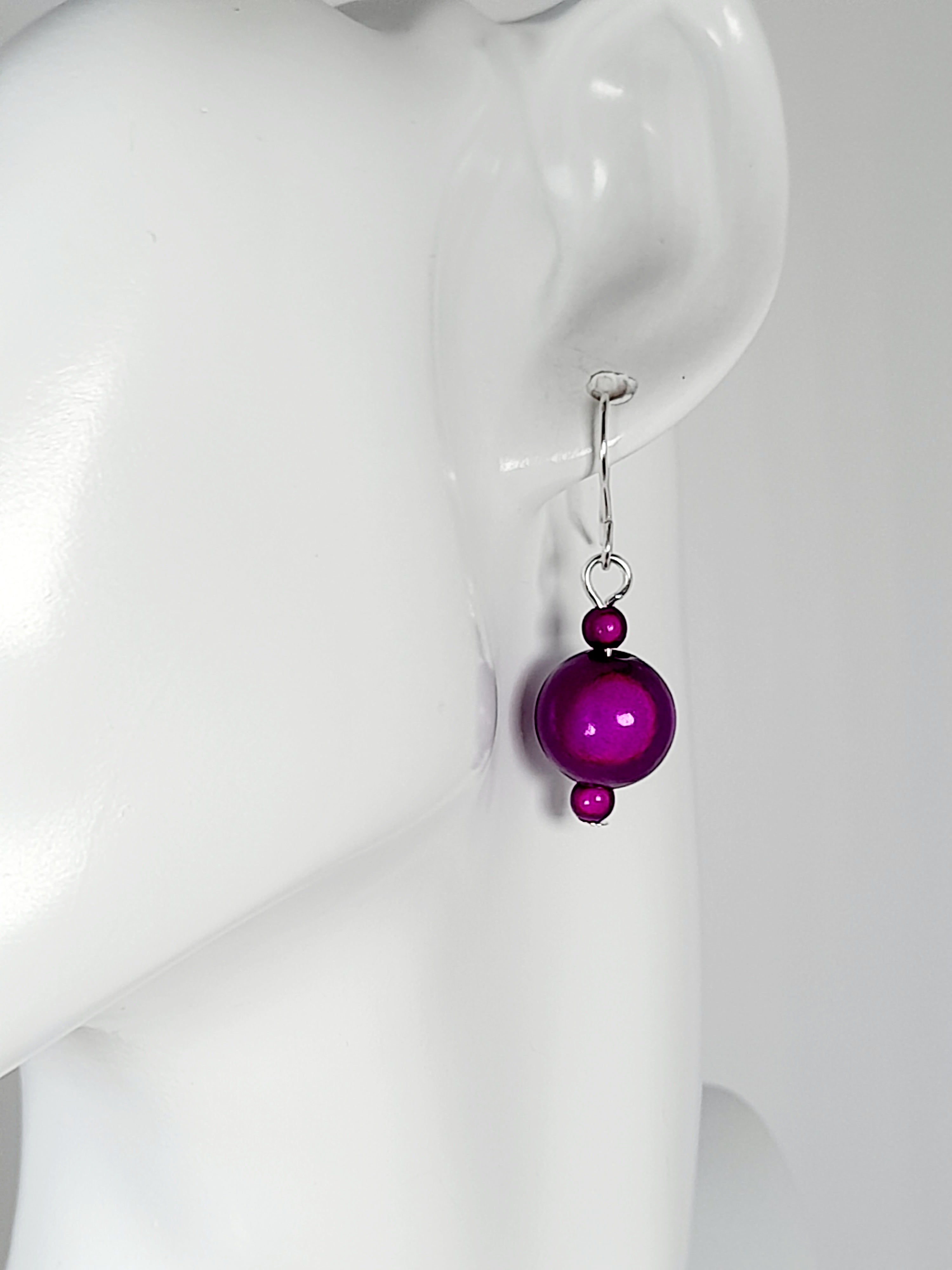 Handmade Silver Dangle Earrings with Purple Luminescent Beads