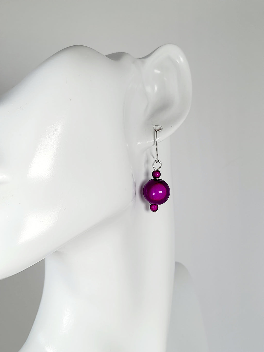 Handmade Silver Dangle Earrings with Purple Luminescent Beads