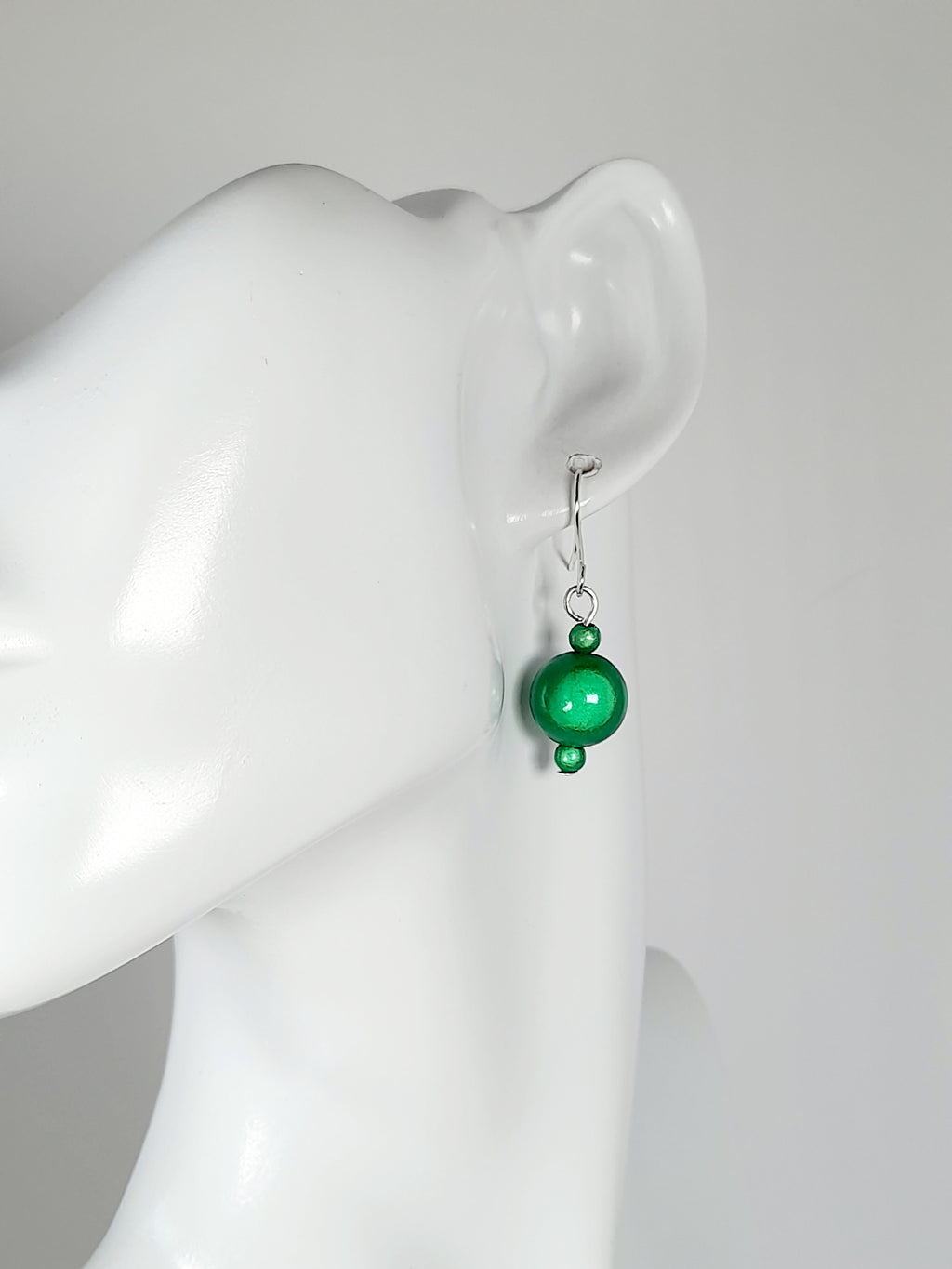 Handmade Silver Dangle Earrings with Green Luminescent Beads