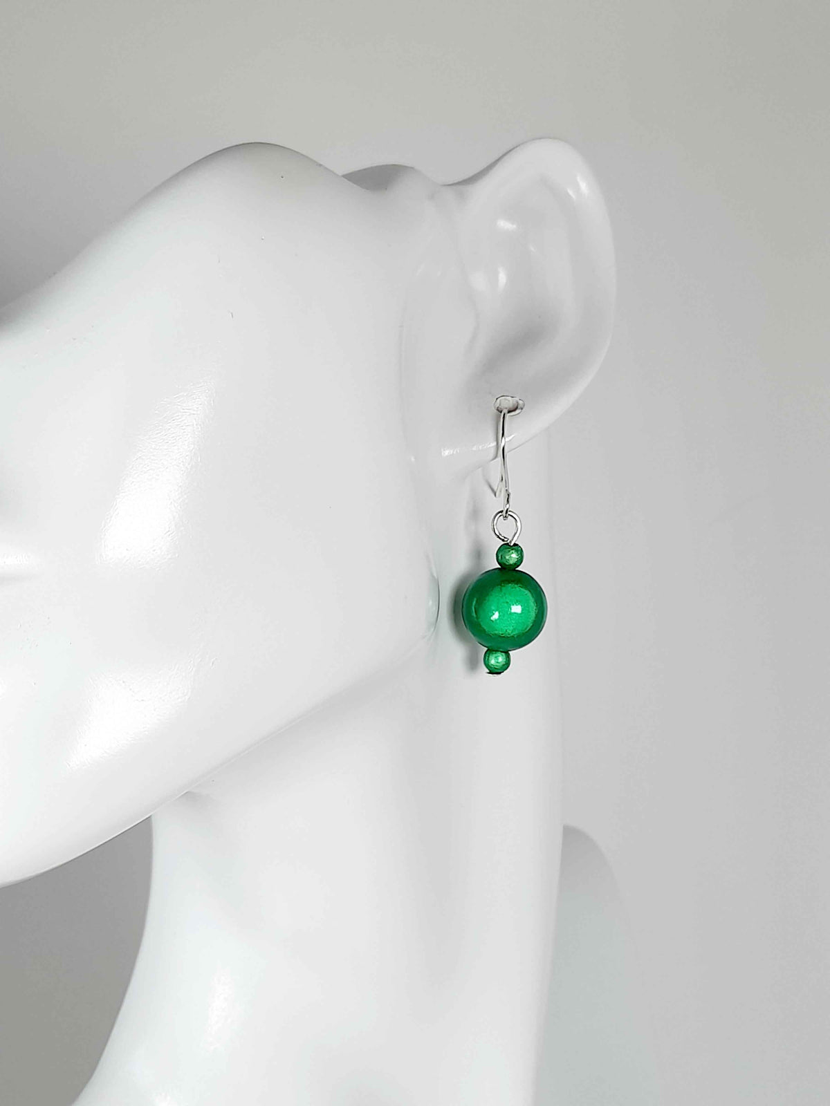 Handmade Silver Dangle Earrings with Green Luminescent Beads