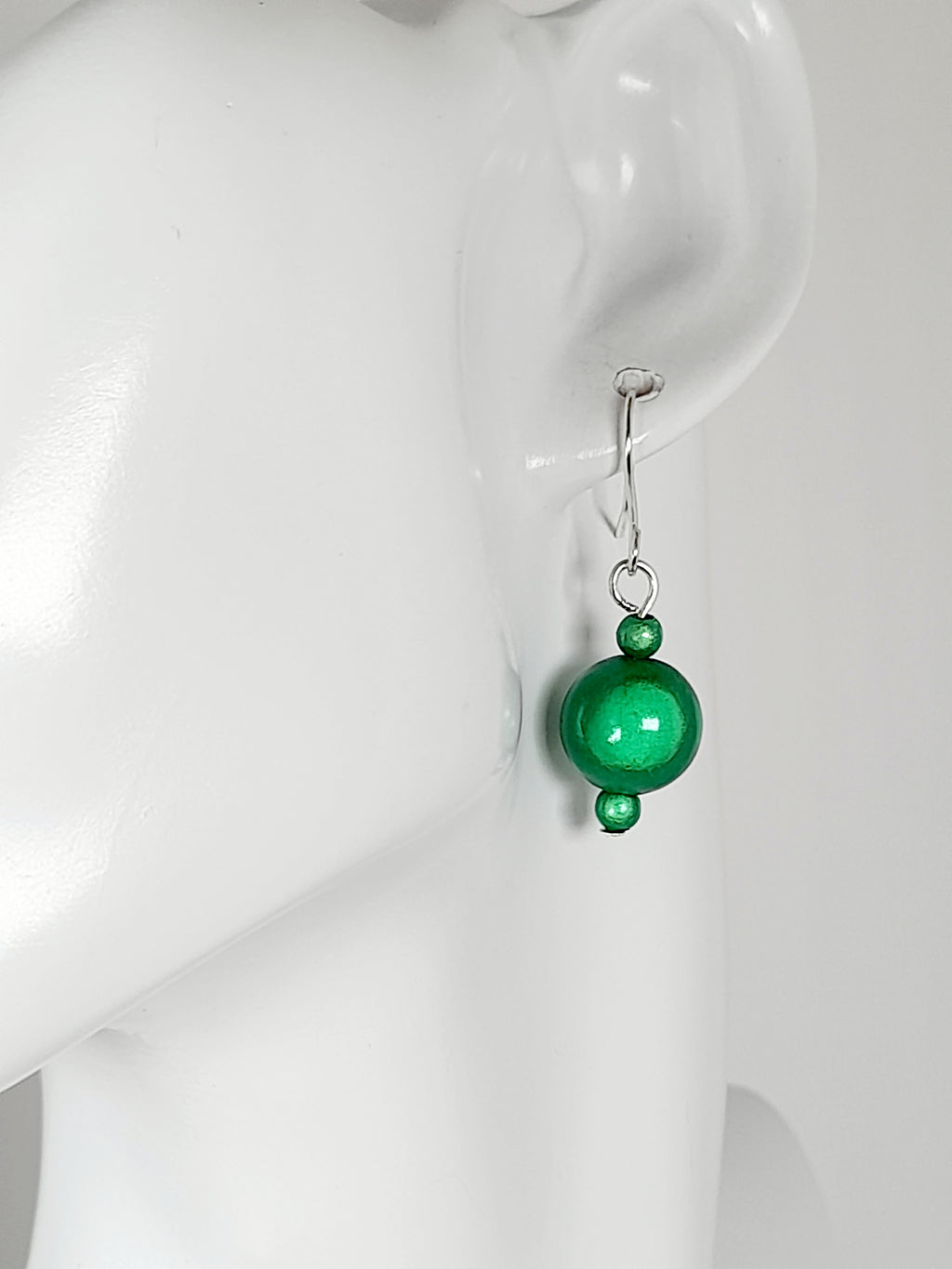 Handmade Silver Dangle Earrings with Green Luminescent Beads