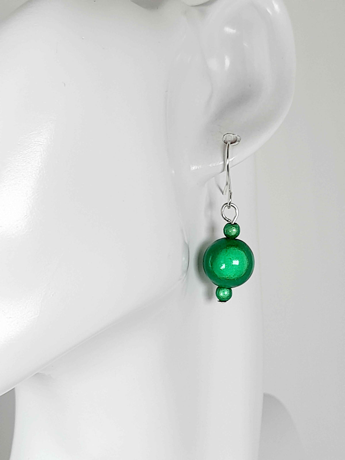 Handmade Silver Dangle Earrings with Green Luminescent Beads