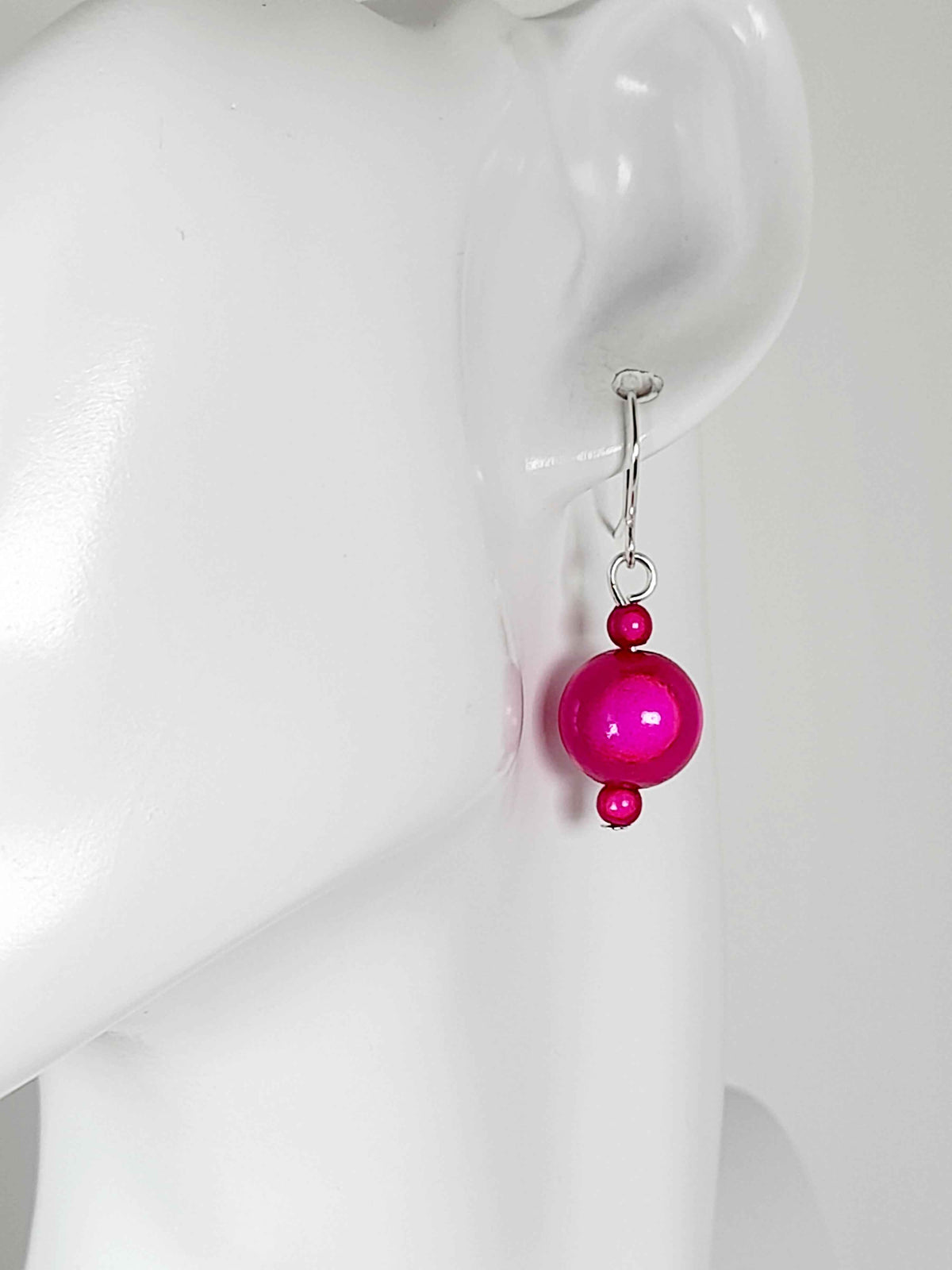 Handmade Silver Dangle Earrings with Hot Pink Luminescent Beads