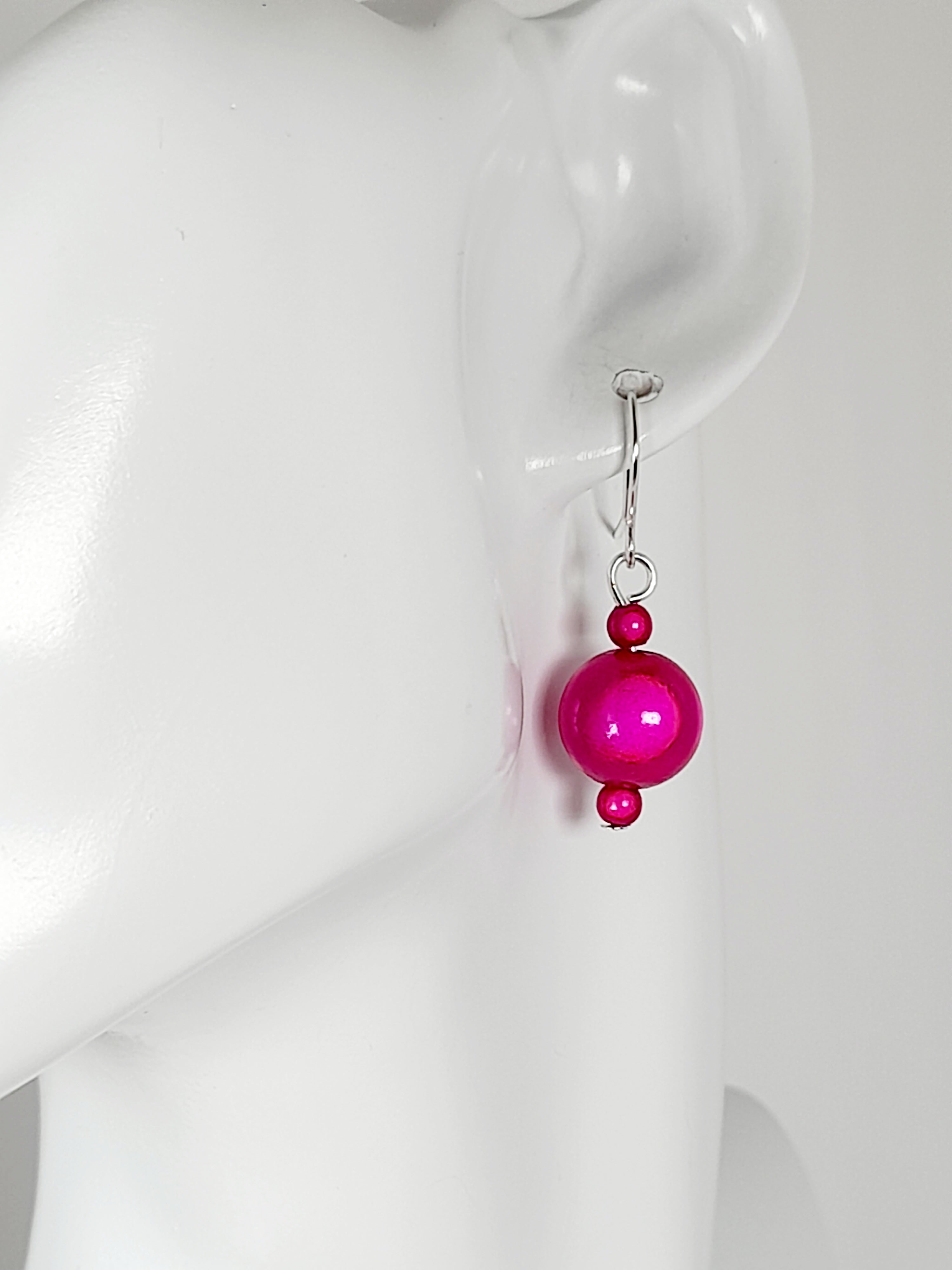 Handmade Silver Dangle Earrings with Hot Pink Luminescent Beads