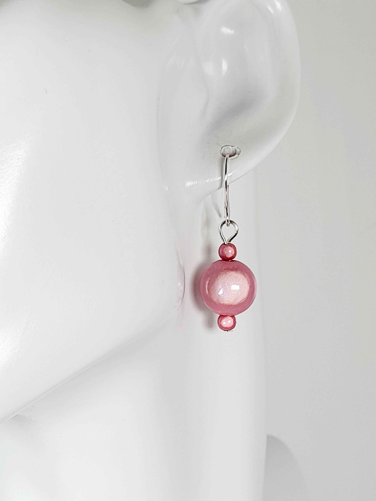 Handmade Silver Dangle Earrings with  Pale Pink Luminescent Beads
