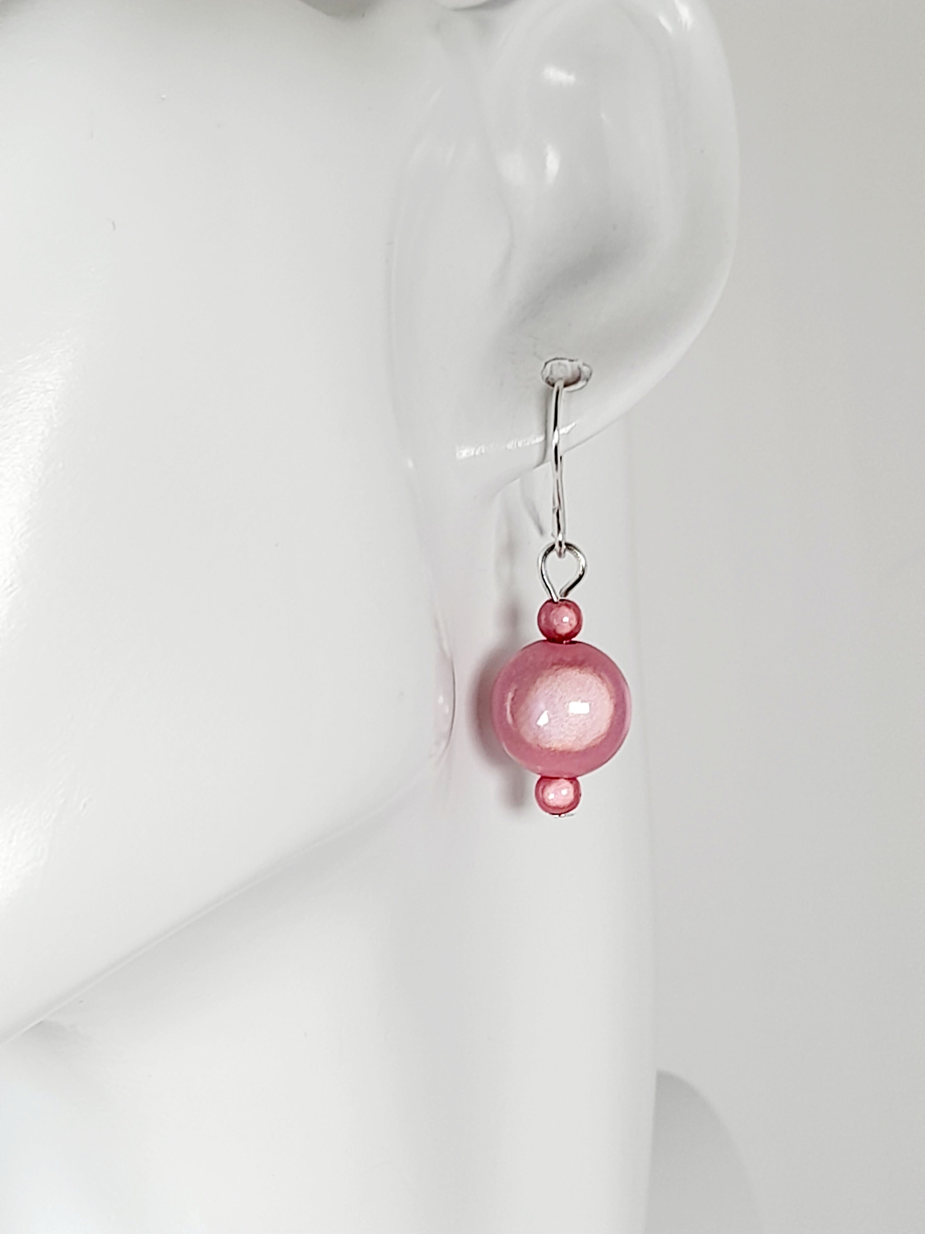 Handmade Silver Dangle Earrings with  Pale Pink Luminescent Beads