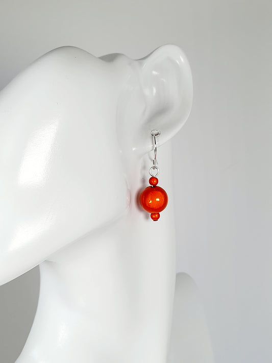 Handmade Silver Dangle Earrings with Orange Luminescent Beads