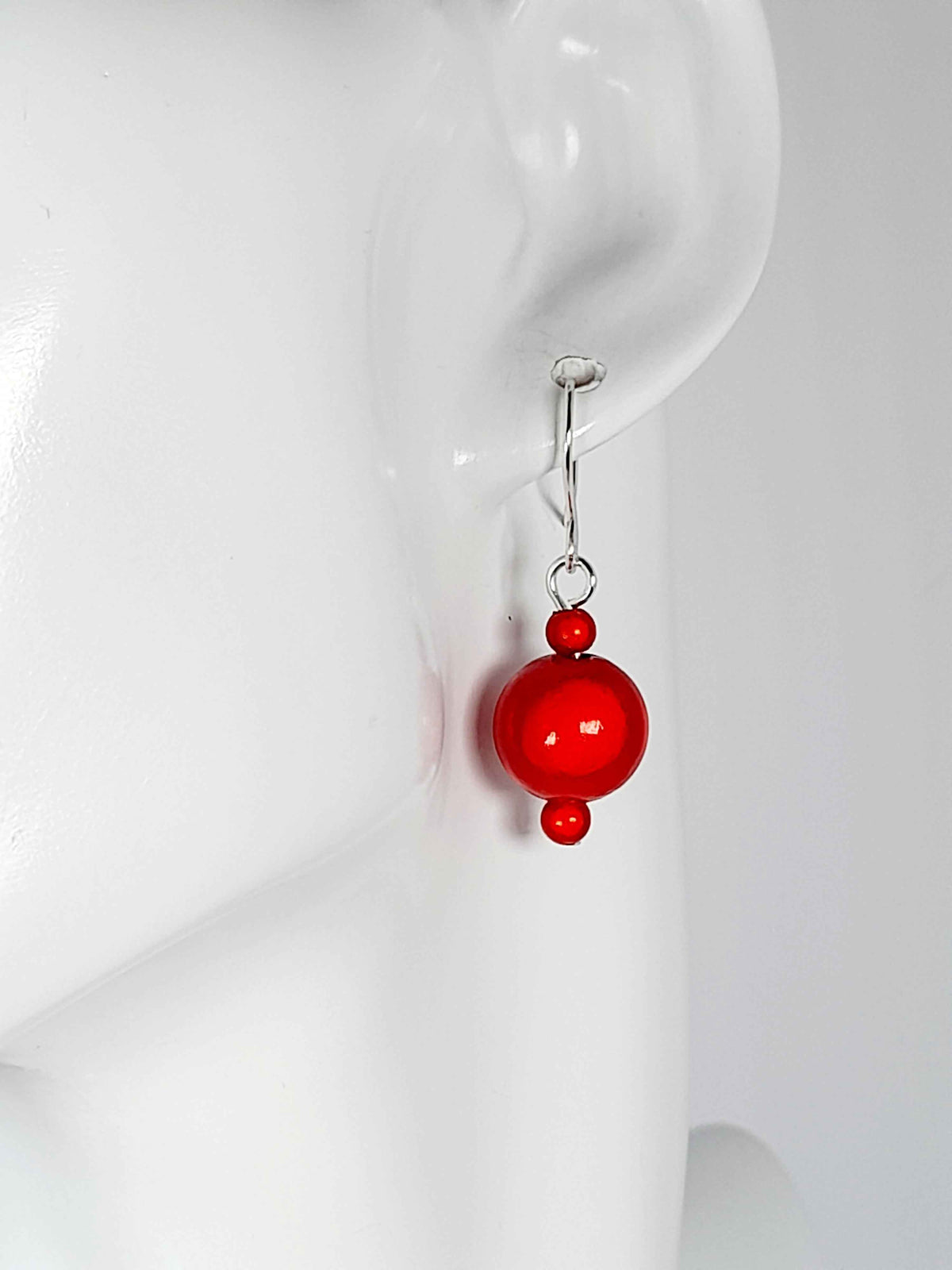 Handmade Silver Dangle Earrings with Red Luminescent Beads