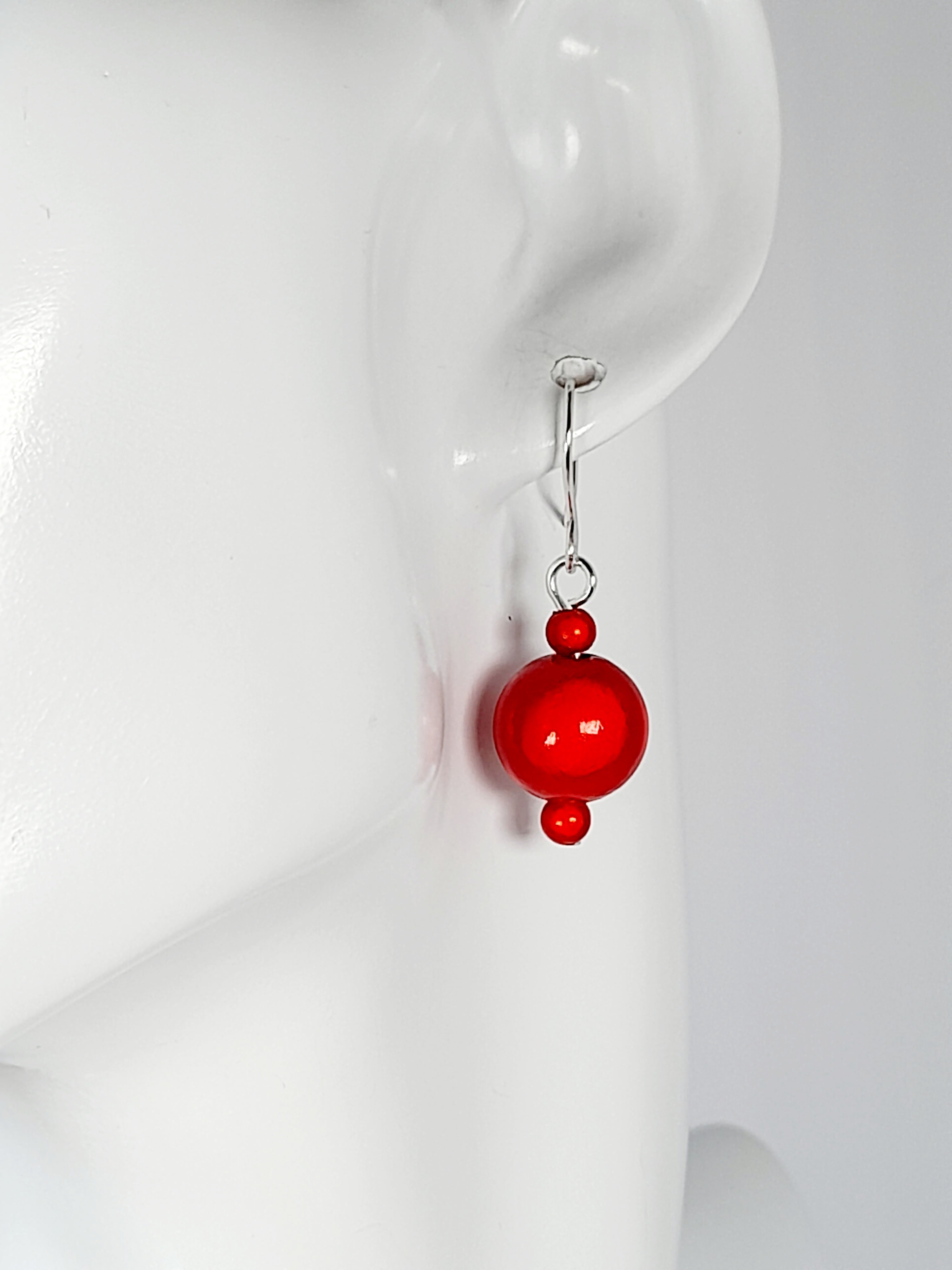 Handmade Silver Dangle Earrings with Red Luminescent Beads