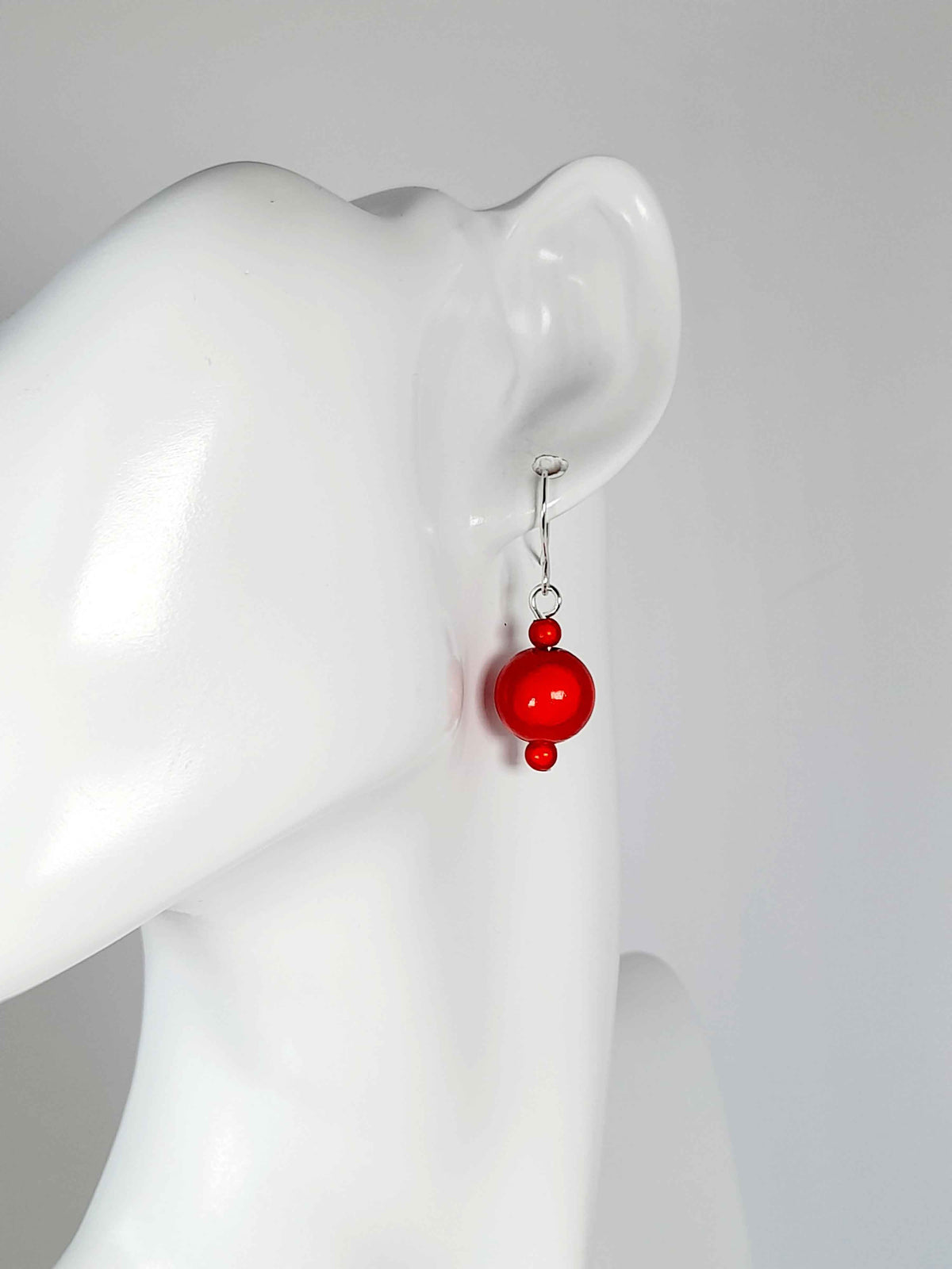Handmade Silver Dangle Earrings with Red Luminescent Beads