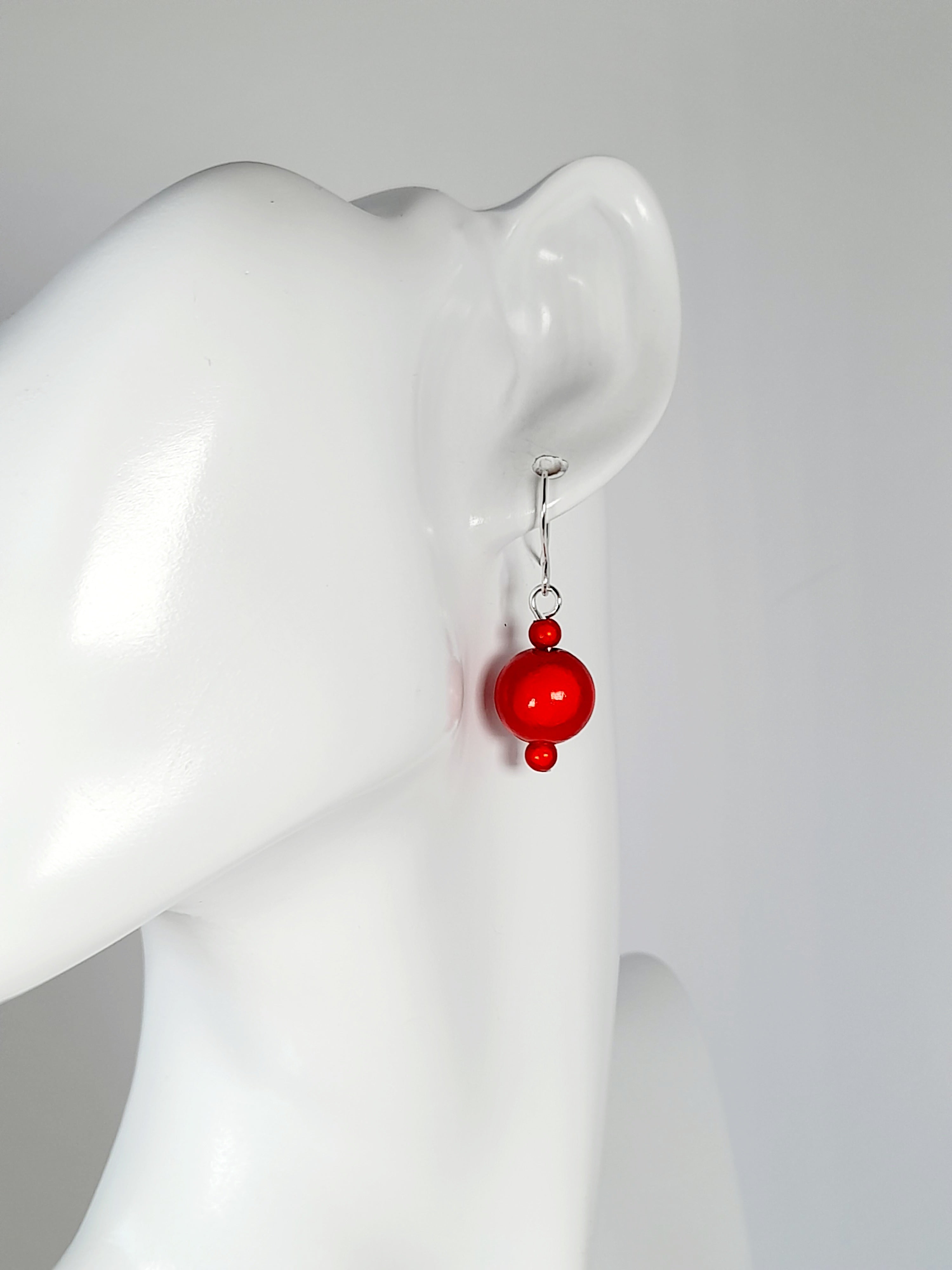 Handmade Silver Dangle Earrings with Red Luminescent Beads