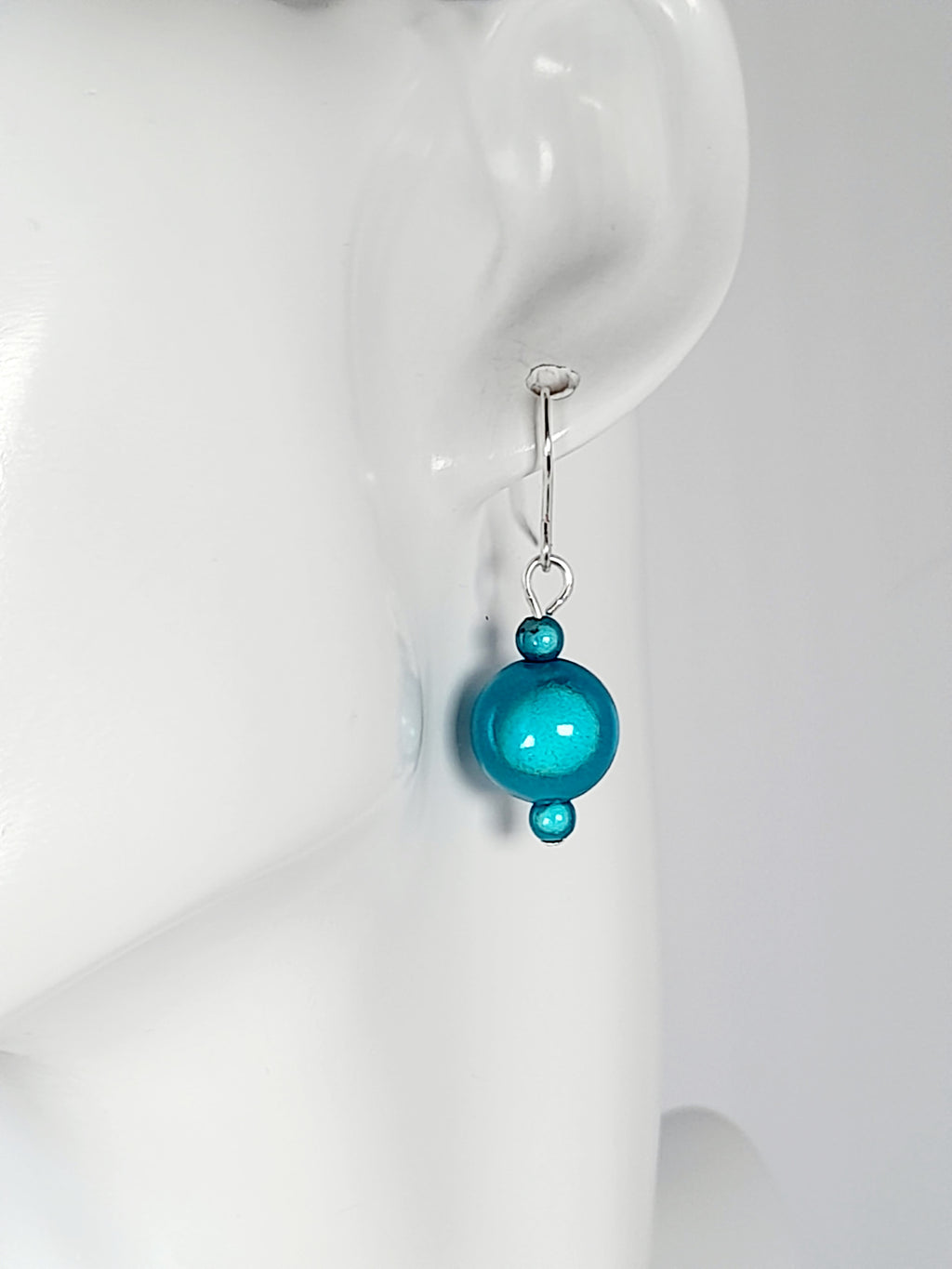Handmade Silver Dangle Earrings with Turquoise Luminescent Beads