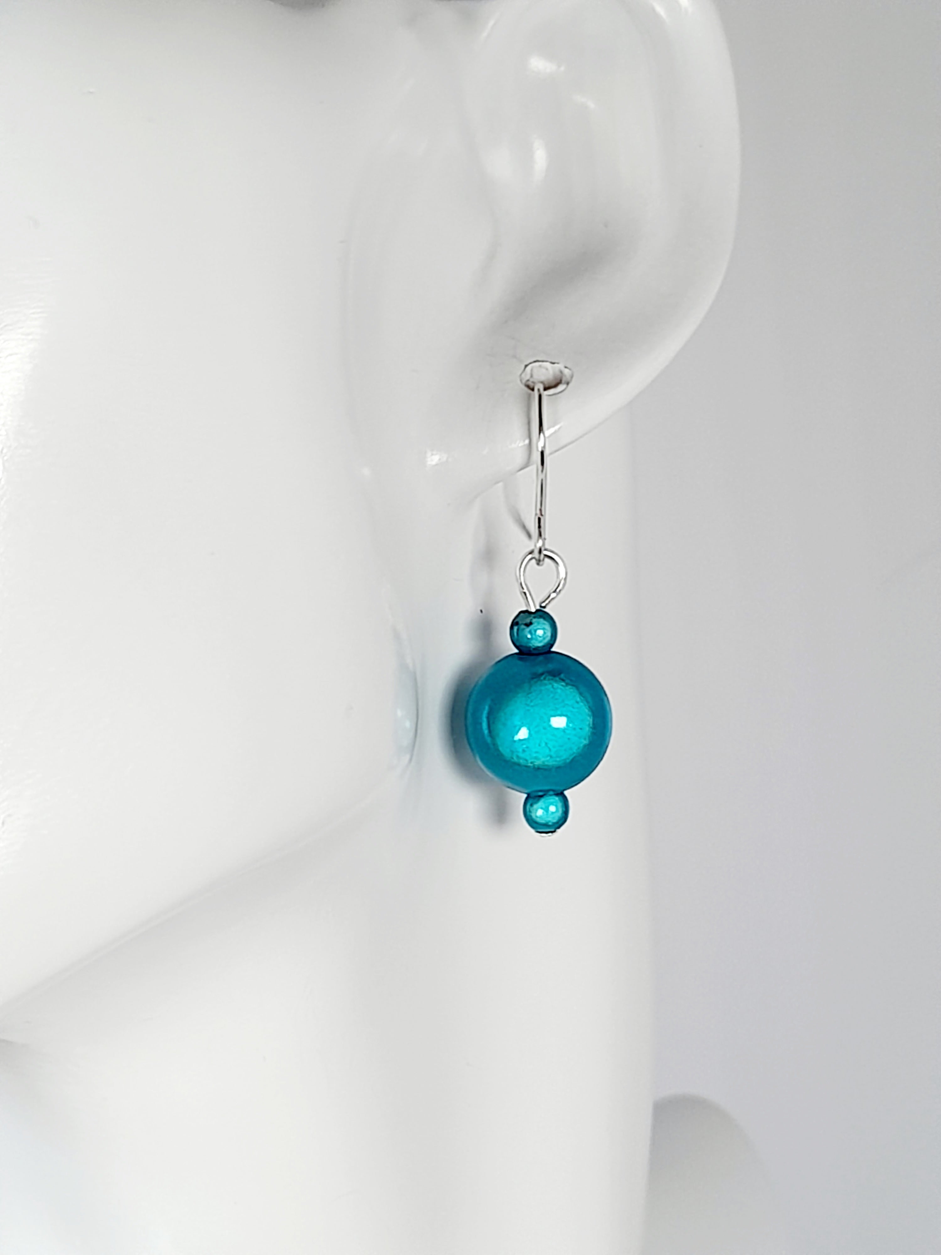 Handmade Silver Dangle Earrings with Turquoise Luminescent Beads