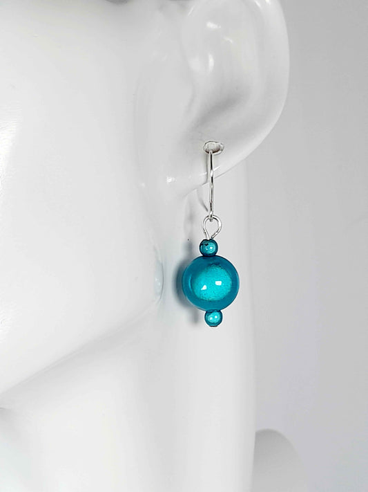 Handmade Silver Dangle Earrings with Turquoise Luminescent Beads