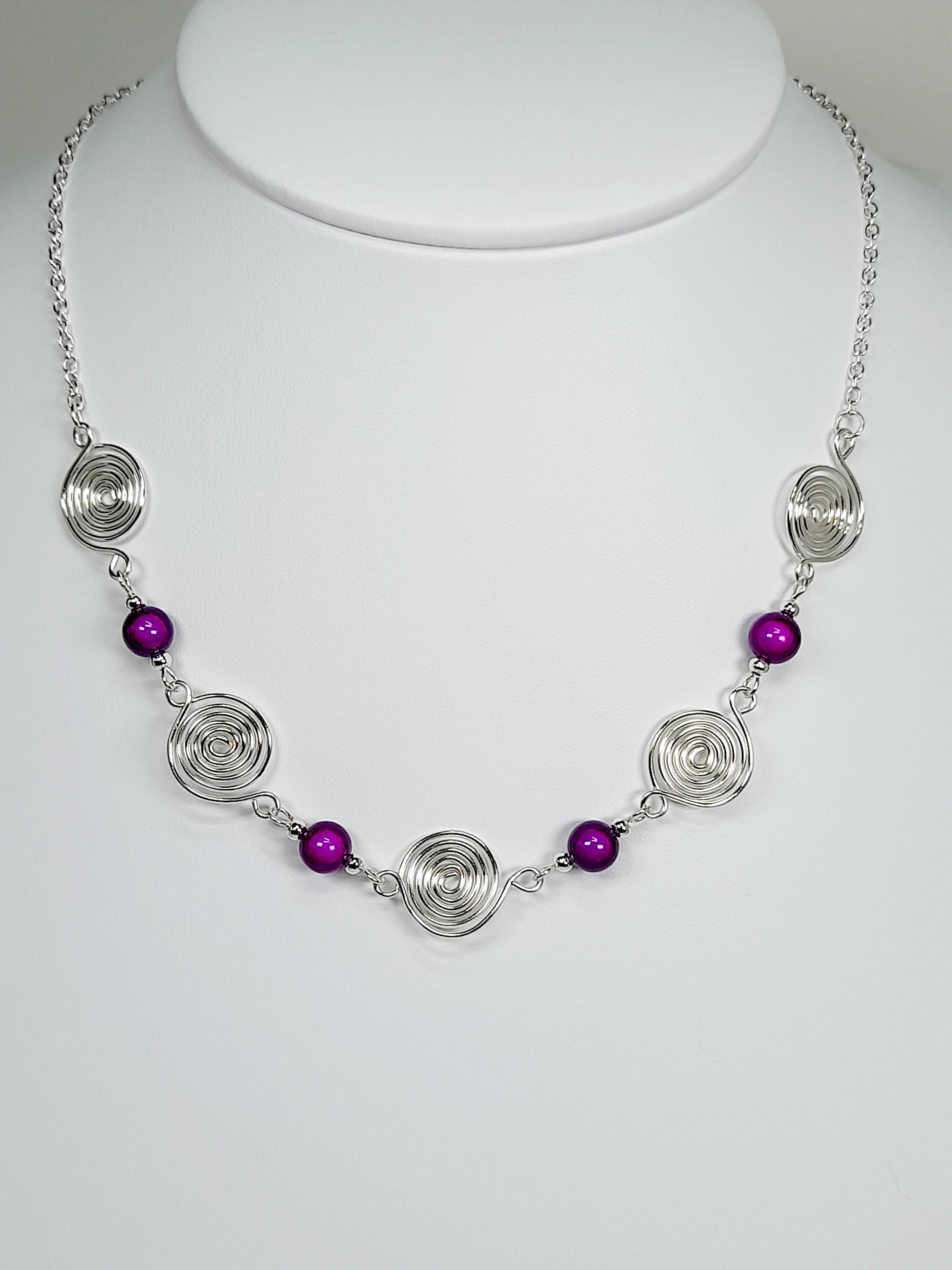 Bright Purple Spiral Necklace, Handmade & Lightweight