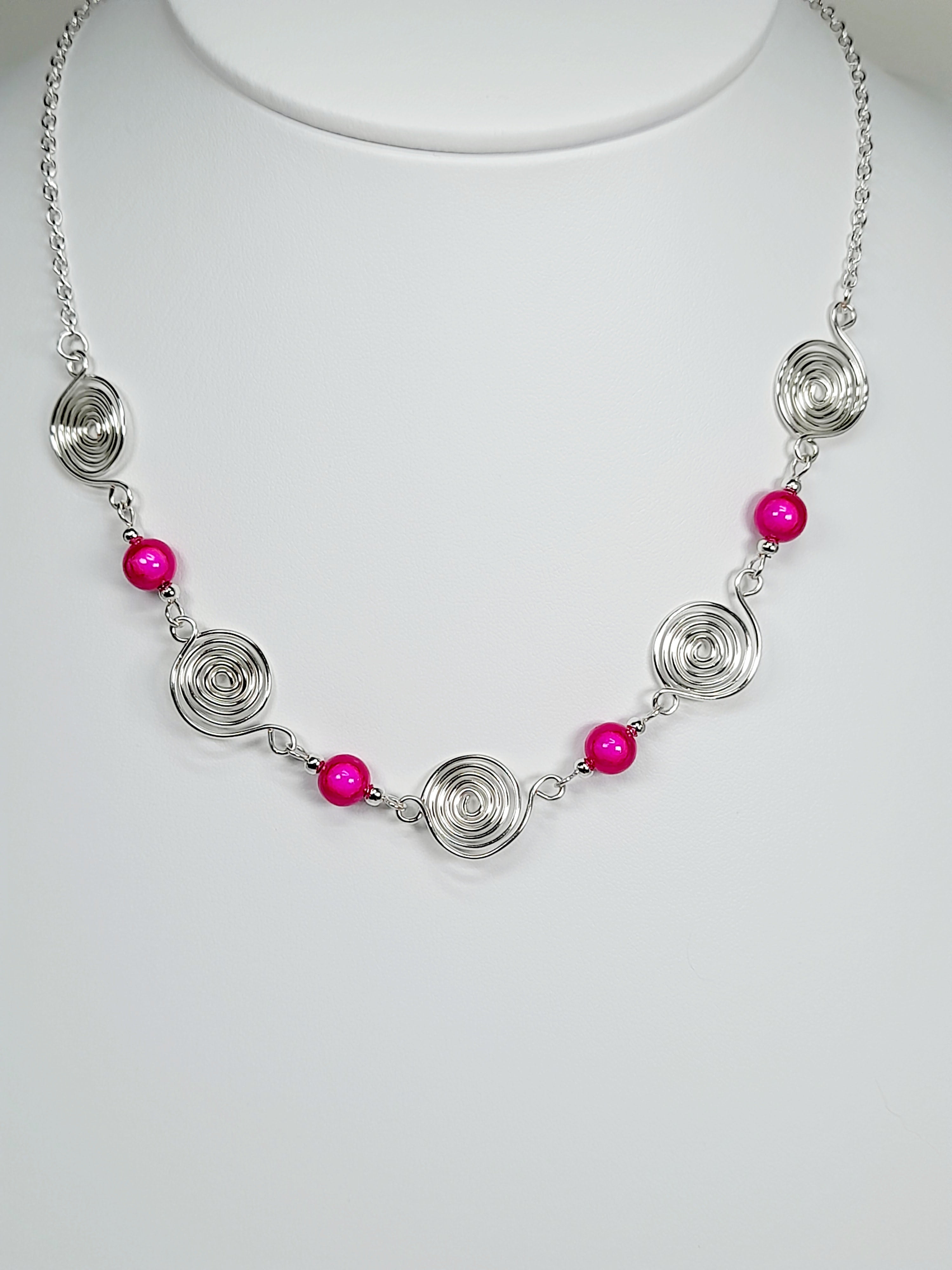 Bright Hot Pink Spiral Necklace, Handmade & Lightweight