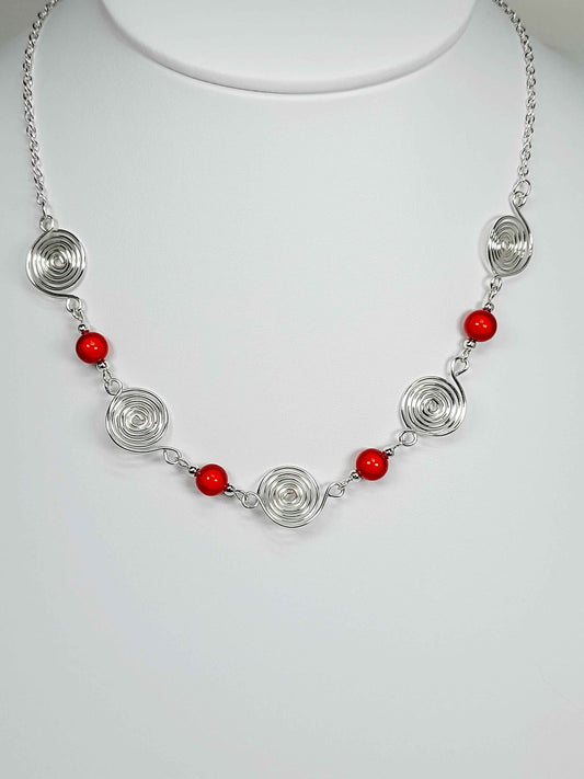 Bright Red Spiral Necklace, Handmade & Lightweight