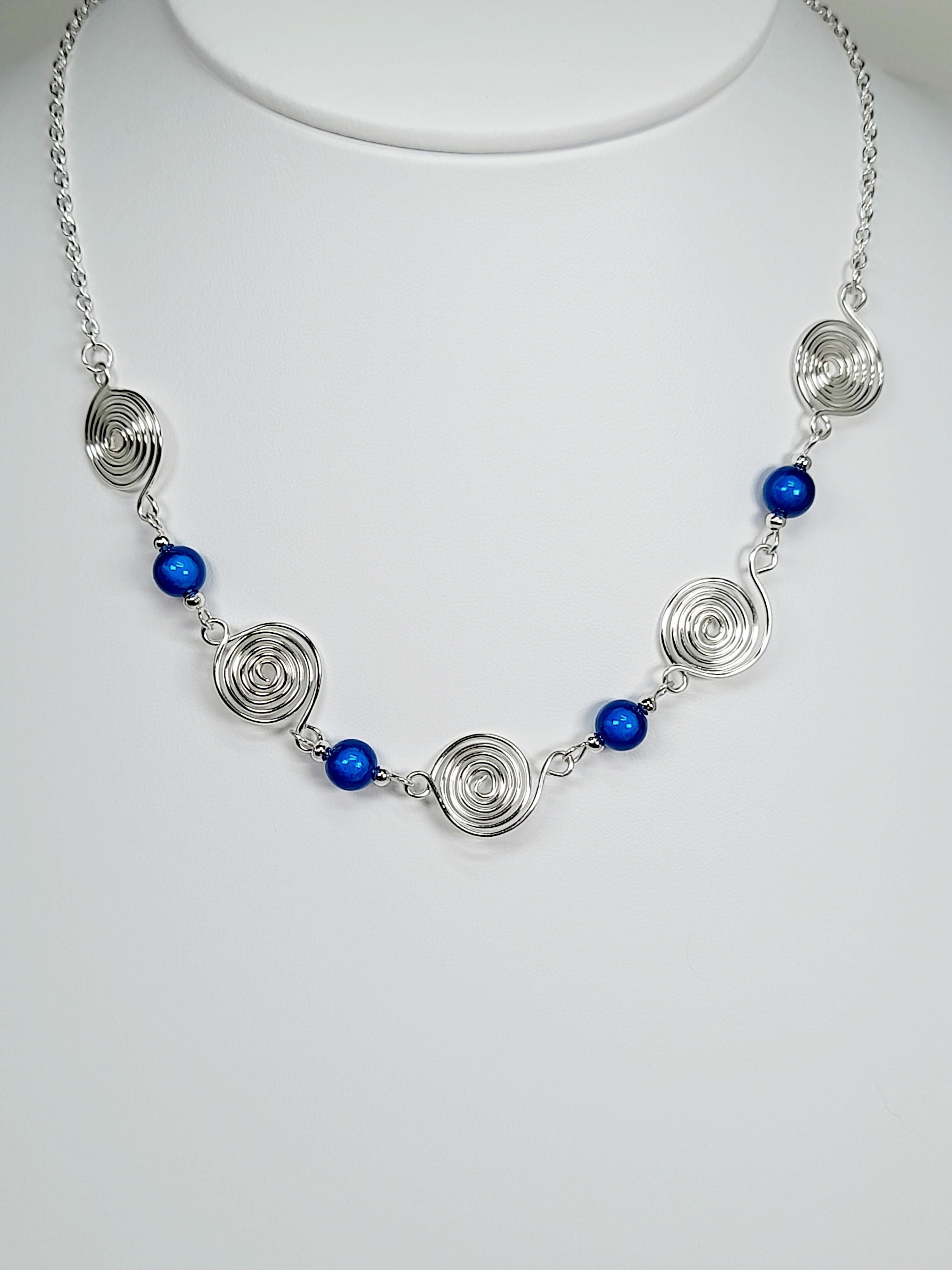 Bright Blue Spiral Necklace, Handmade & Lightweight
