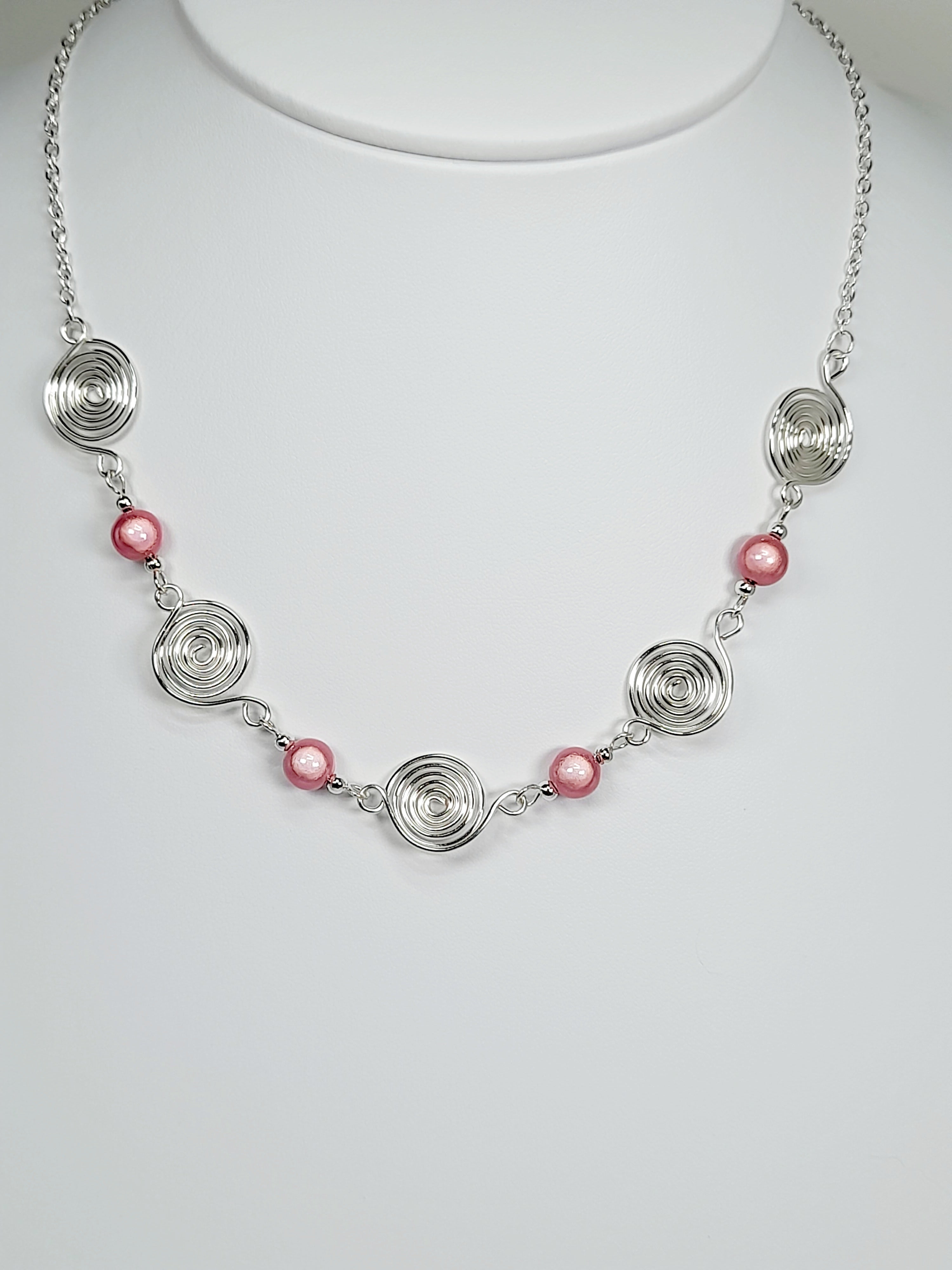 Bright Pale Pink Spiral Necklace, Handmade & Lightweight