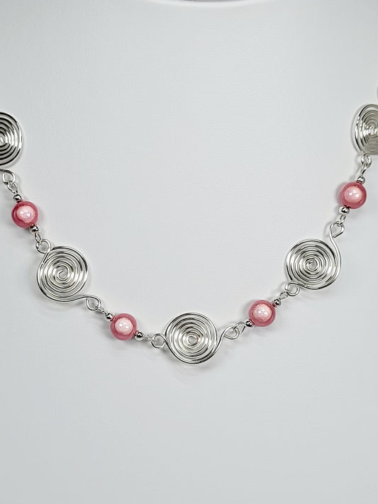 Bright Pale Pink Spiral Necklace, Handmade & Lightweight