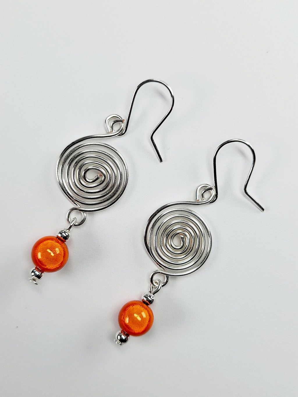 Handmade Silver & Orange Spiral Earrings