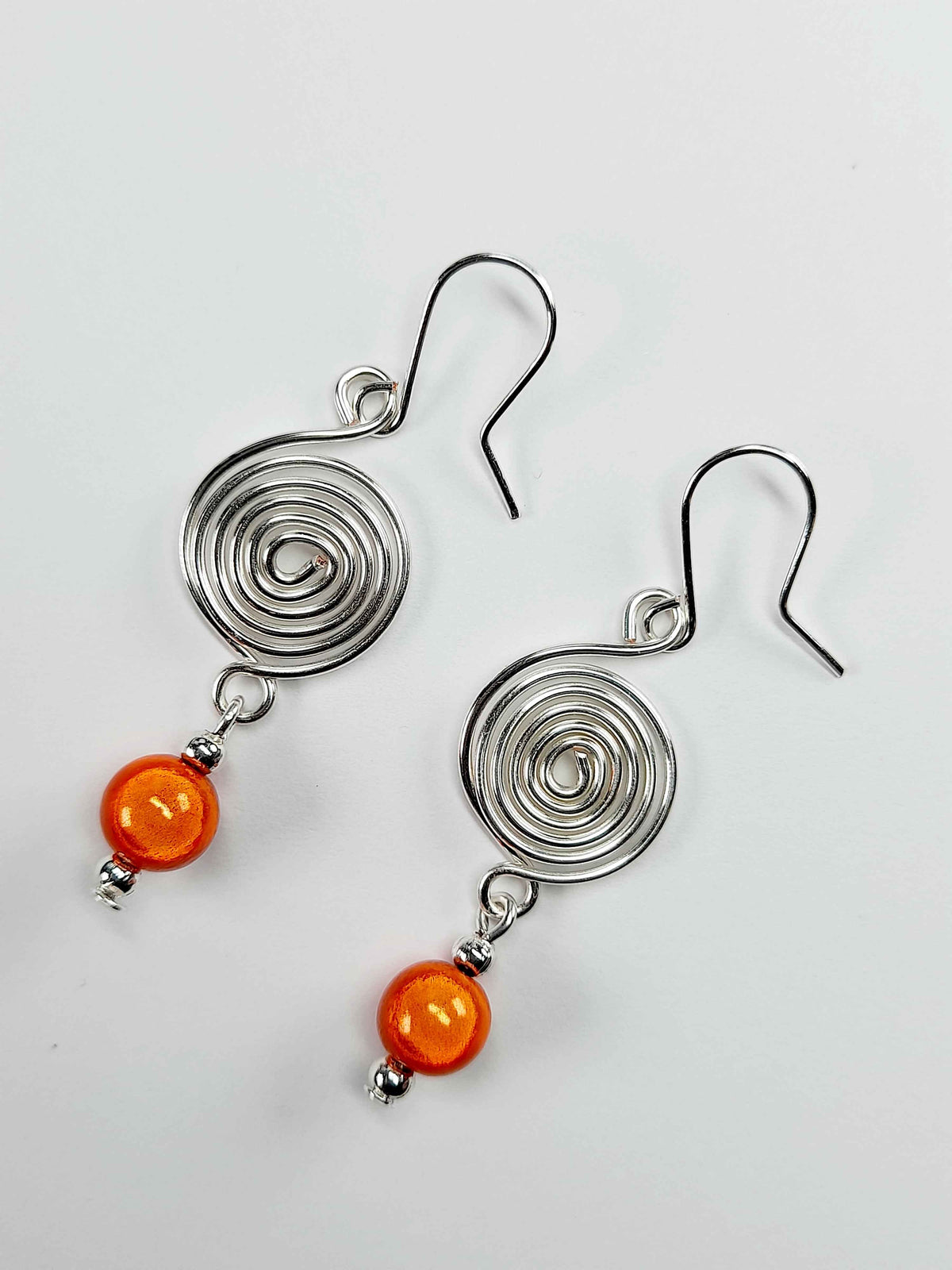 Handmade Silver & Orange Spiral Earrings