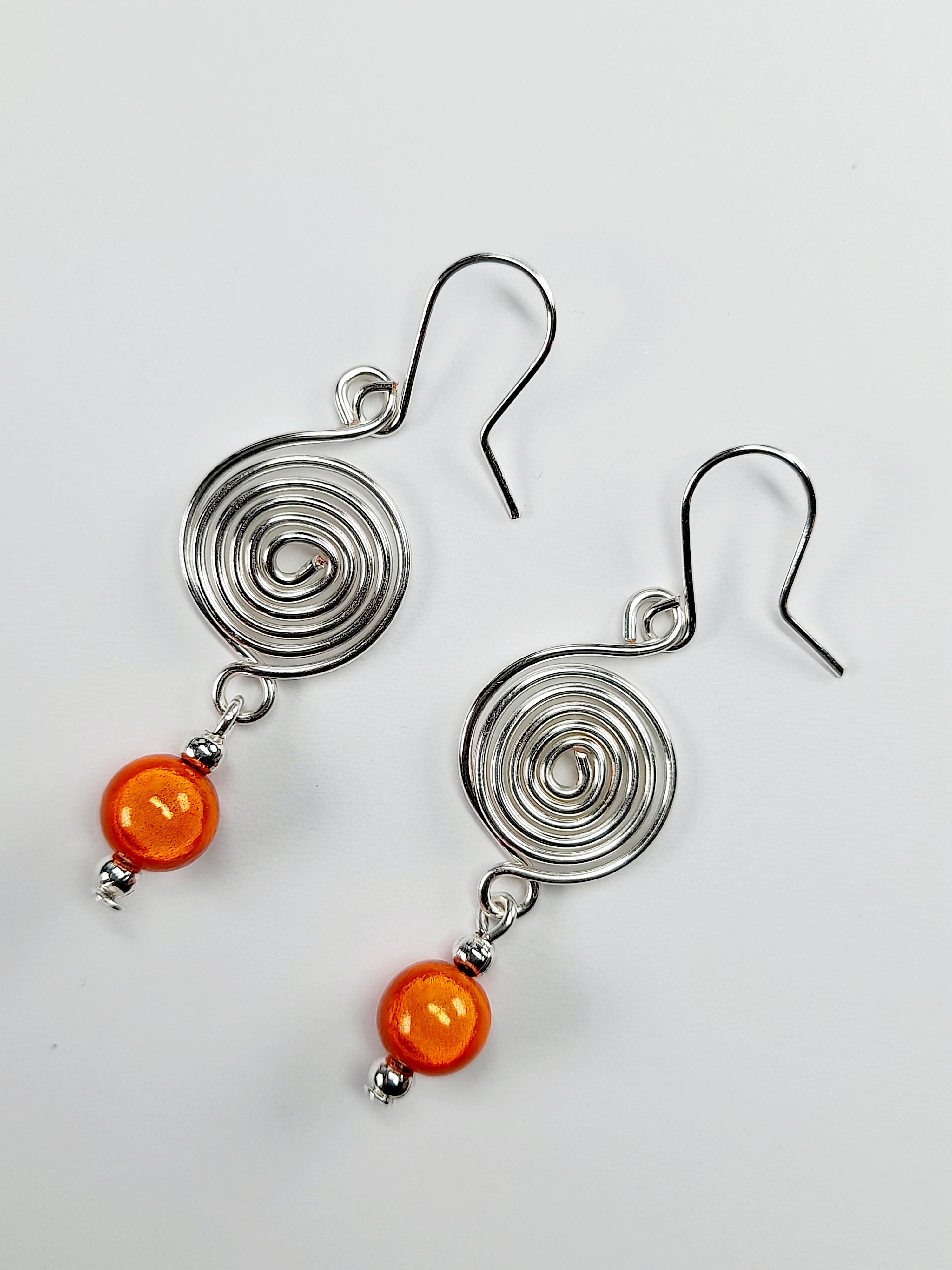 Handmade Silver & Orange Spiral Earrings