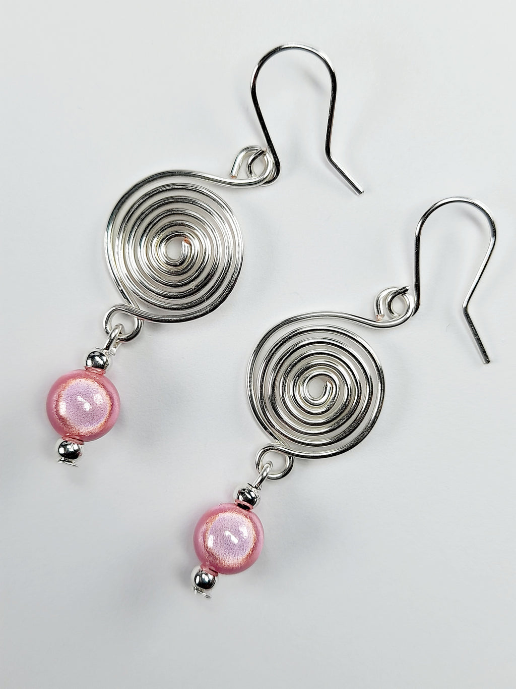 Handmade Silver & Pale Pink Spiral Earrings