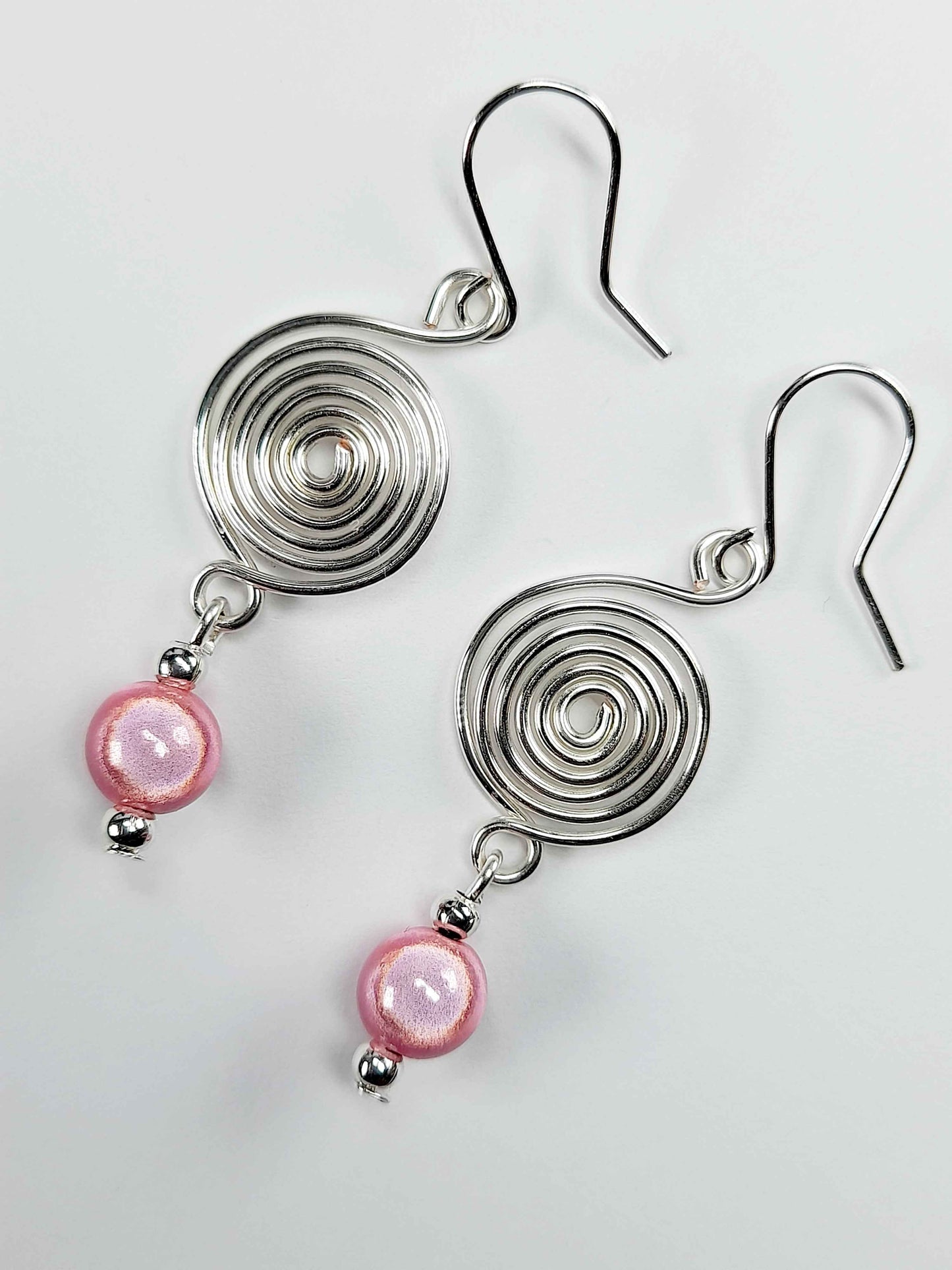 Handmade Silver & Pale Pink Spiral Earrings